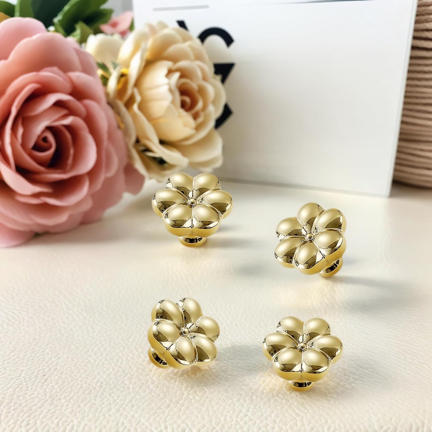 Unique Solid Brass Flower Cabinet Knobs Bright Gold Floral Shape Drawer Handles Single Hole Decorative Dresser Pulls Funky Furniture Hardware for Kitchen Bathroom Closet Cupboard Bedroom (2)