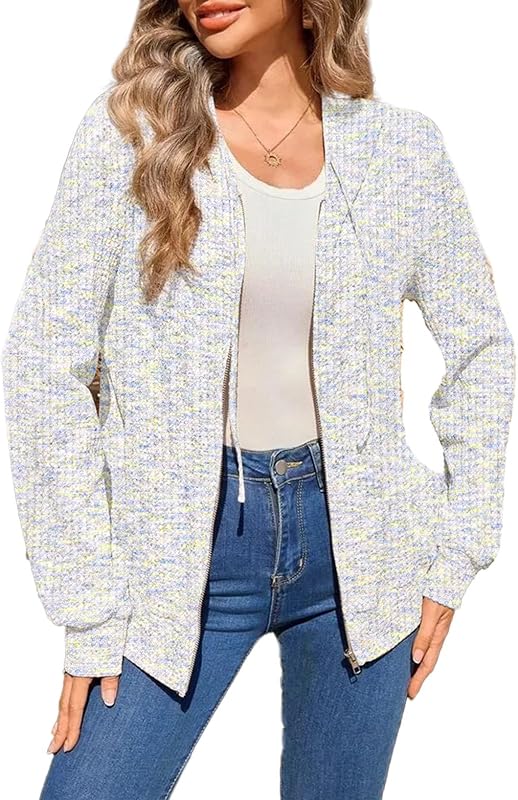 SHEWIN Fall Oversized Hoodie Waffle Zip Up Sweatshirt White, Size S