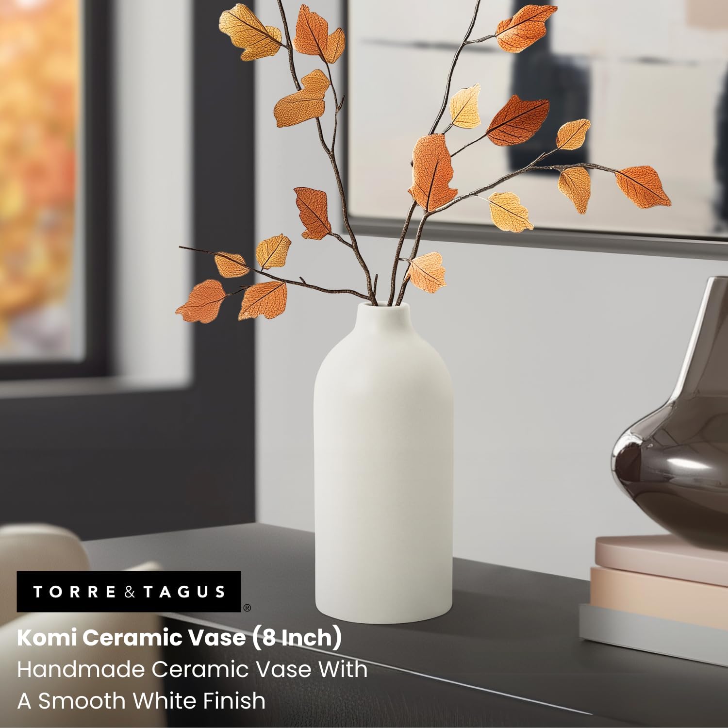Torre & Tagus 8 Inch White Ceramic Vase for Flowers Home Decor - Matte Table Vase, Smooth Finish with Modern Decor Design, Sized for Mantels, Shelfs, Tables, Desk (Komi 3.5" x 8"H)