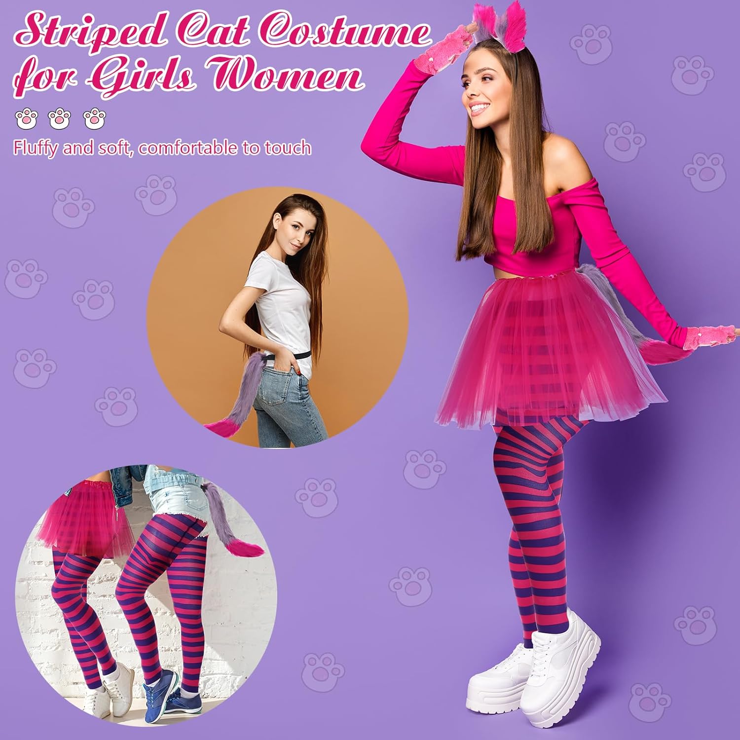 Suhine 5 Pcs Halloween Pink Purple Striped Cat Costume Include Cat Ears Tail Striped Legging Tutu Skirt Gloves for Girl Women - Image 6