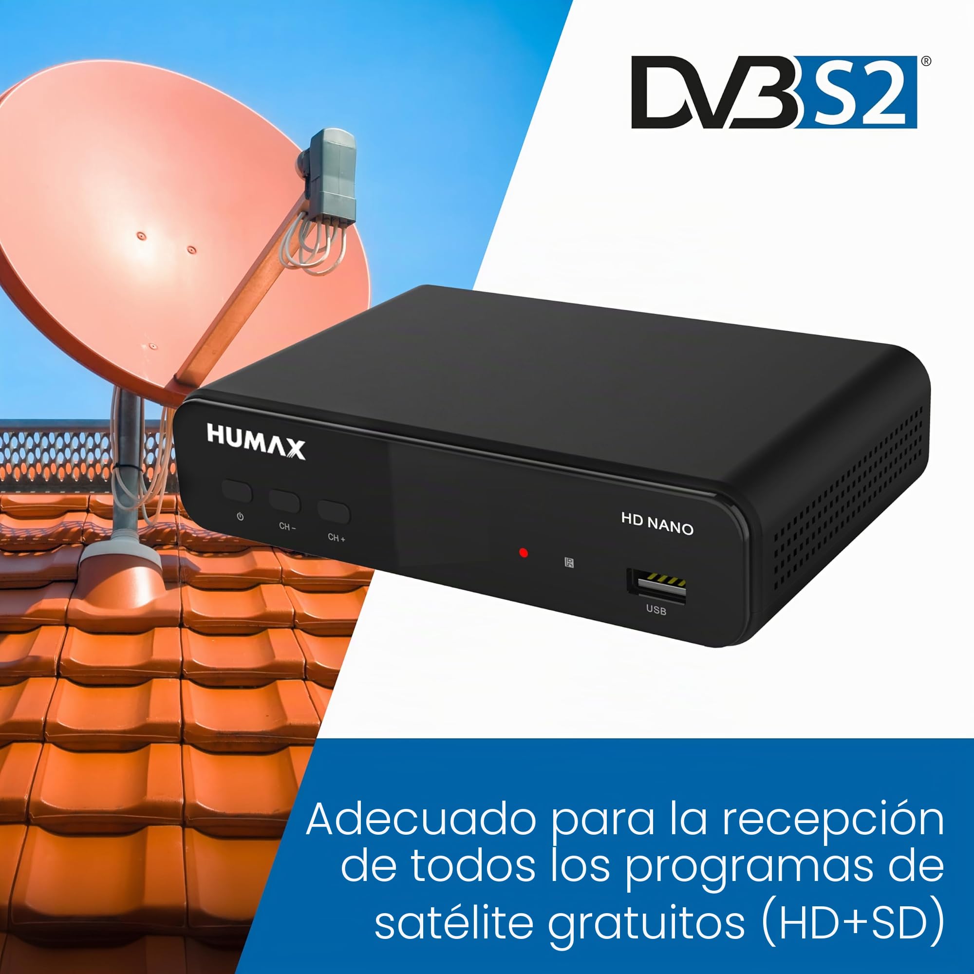 Humax Digital HD Nano Receptor Satélite Digital HD 1080P HDTV con Fuente de alimentación 12V Camping - Astra preinstalado - HDMI, euroconector DVB-S/S2, sin Cable HDMI