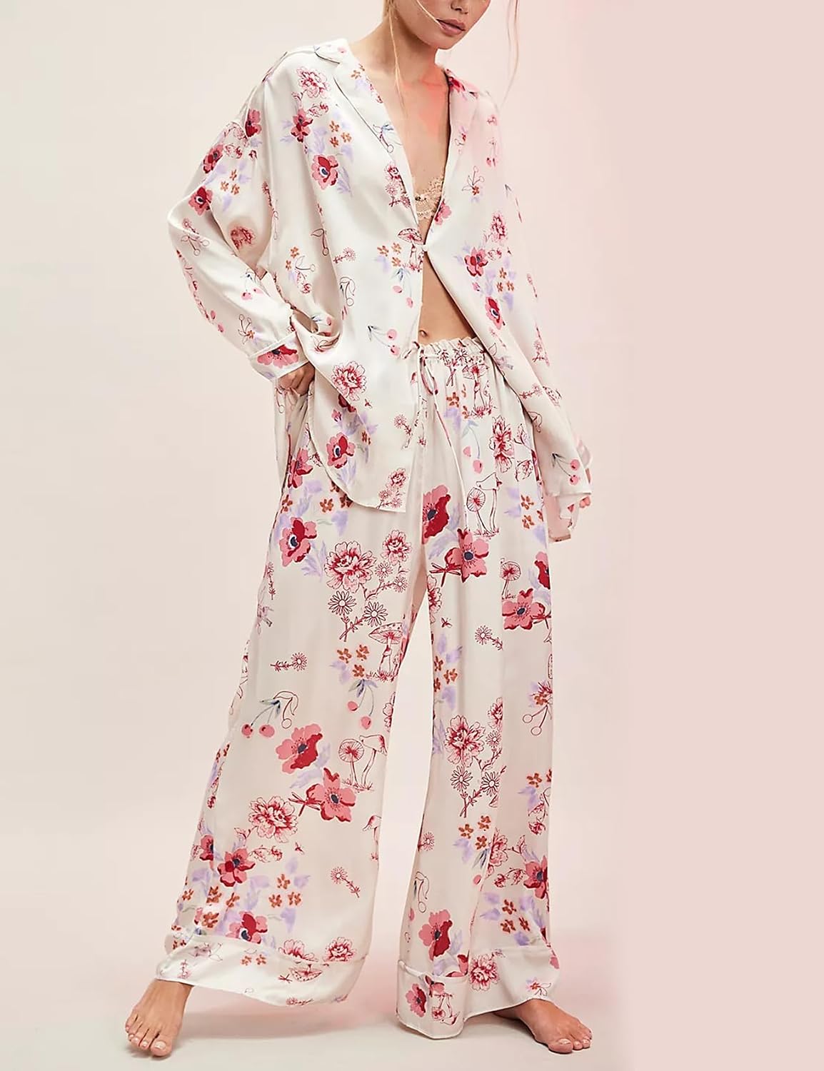 Satin Pajamas for Women Set Silk Pj Sets Long Sleeve Button Down Matching Pajama Sets Lounge Sets