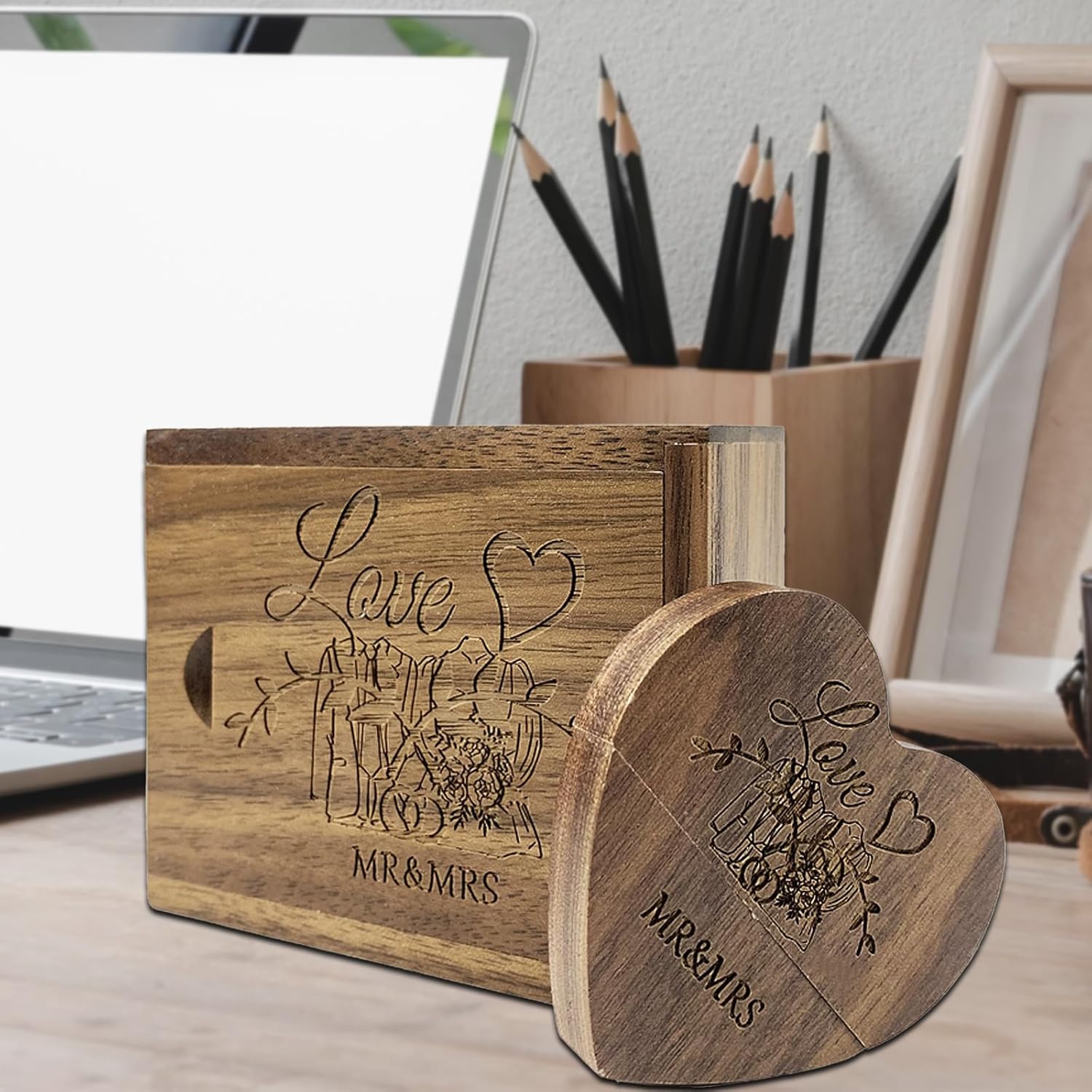 Heart Shape Wood USB Flash Drive 64GB USB 3.0 with Gift Box,TATMOHIK Wedding USB Memory for Storing Photos Walnut Wooden Thumb Drive for Keepsakes for Wedding, Birthday, Valentines Day