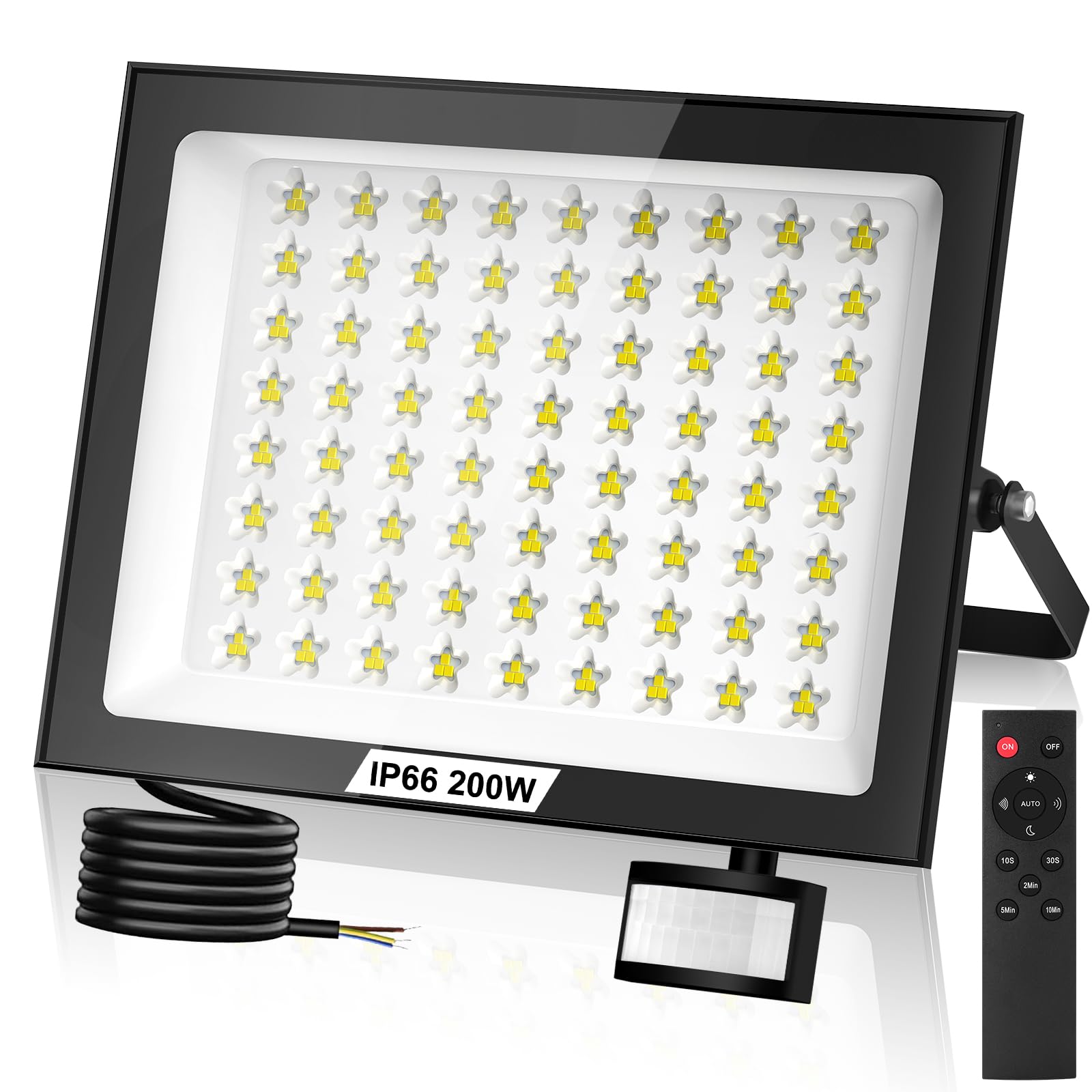Foco LED de 200 W con sensor de movimiento para exteriores, 20 000 LM,con mando a distancia,blanco frío de 6500 K, superbrillante,resistente al agua IP66,para jardín,garaje y patio