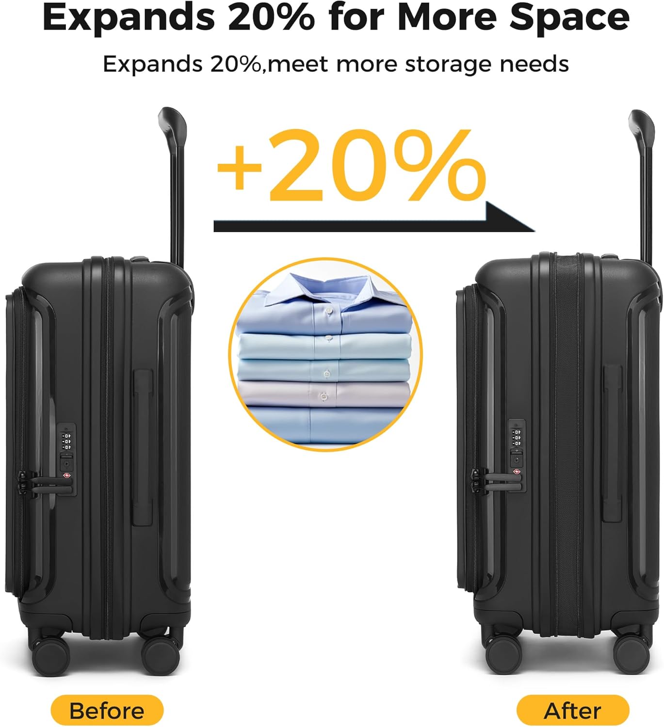 20" expandable carry on luggage with laptop compartment,22x14x9 airline approved hard shell spinner top opening suitcase with wheels tsa lock,travel front open hardside luggage (black)