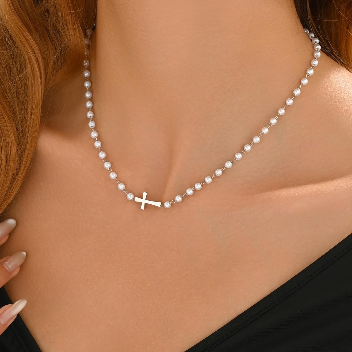 Pearl Cross Necklaces for Women 18K Gold Plated Pearl Beaded Sideways Cross Choker Necklaces Cubic Zirconia Faith Religious Jewelry Christmas Gifts - Image 4