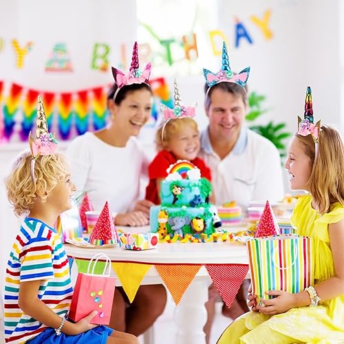Miniatura 5 de Jexine Los recuerdos de fiesta de unicornio de 18 piezas incluyen 9 diademas de unicornio y 9 pulseras de cuentas de arcoíris de unicornio, diadema