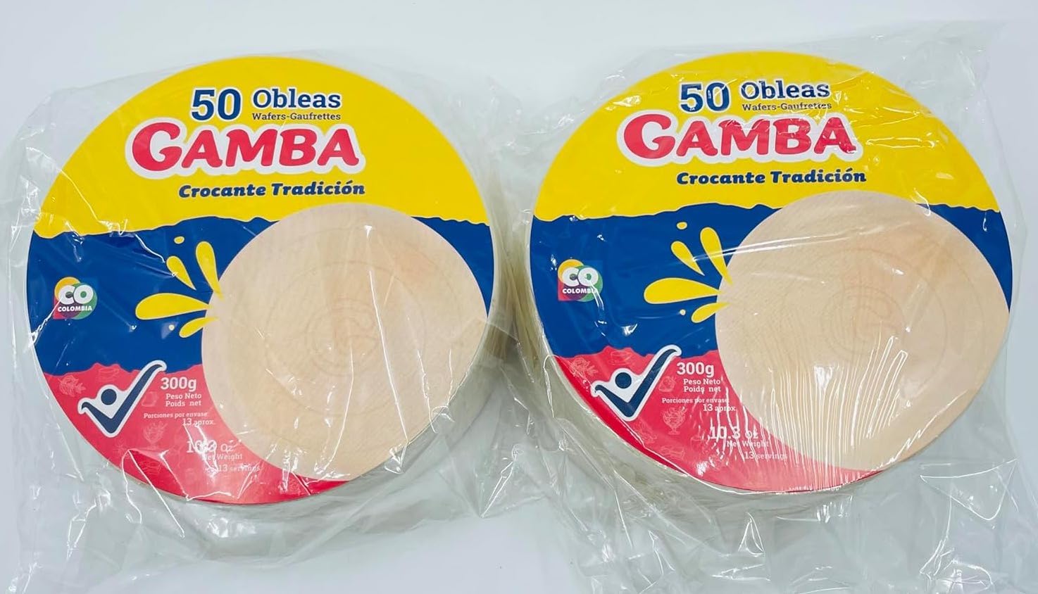 Obleas Gamba Colombiana tradicional, Traditional Wafers 300g each, 50 Count each - Pack of 2
