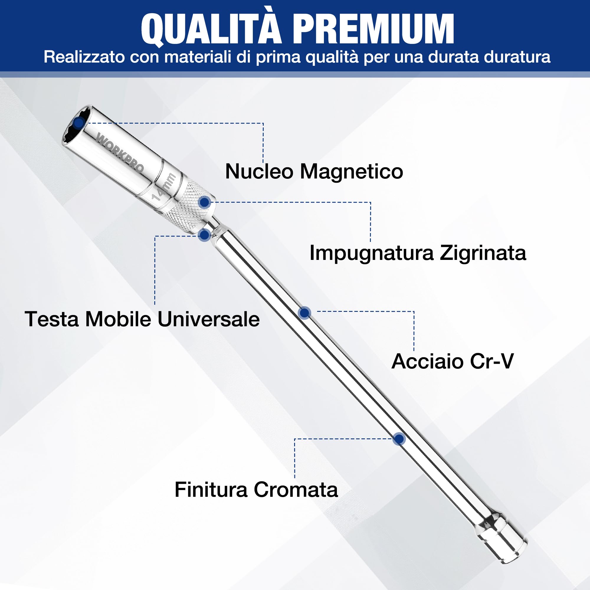 Chiave Magnetica Per Candele WORKPRO 14mm - Presa Flessibile 360°, 3/8, 12 Punte, Parete Sottile 1mm - Foto 10