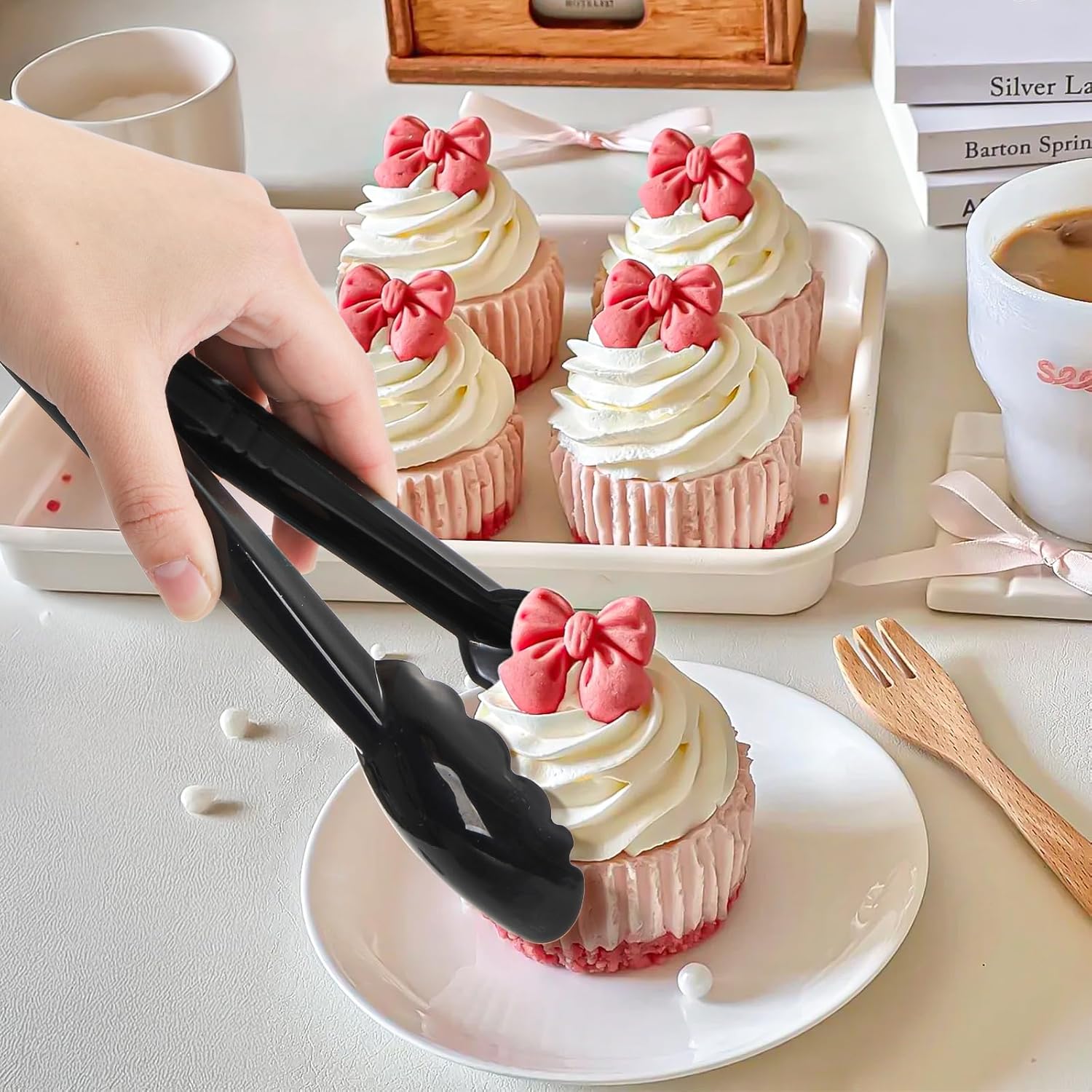 40 Pack Plastic Tongs for Serving, 9" Disposable Buffet Tong, Heavy Duty Scalloped Serving Utensil Tongs, Bulk Charcuterie Accessories for Party Events Catering Kitchen BBQ Ice Salad, Black