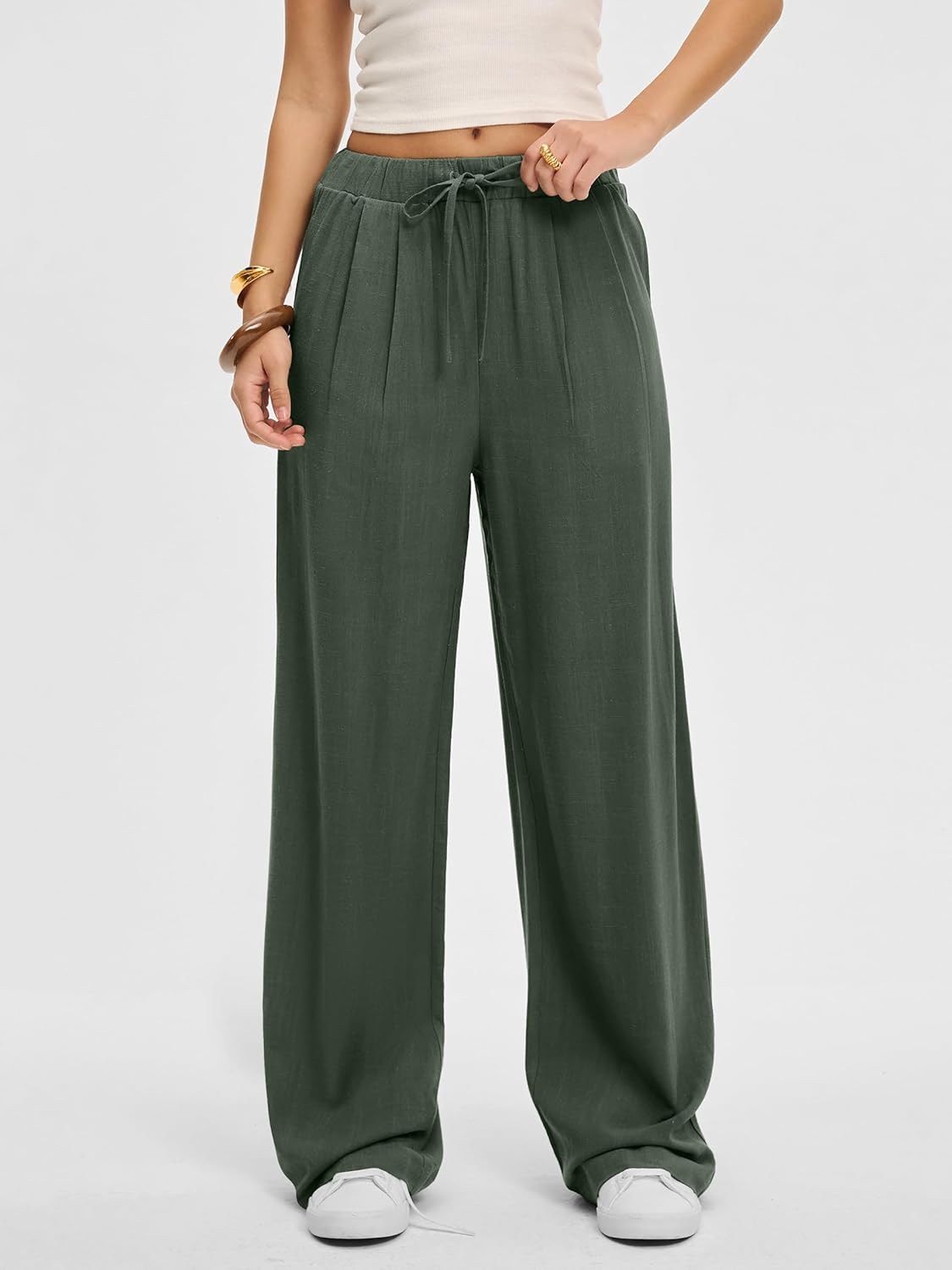 ANRABESS Women Wide Leg Linen Palazzo Pants Casual Elastic Waist Drawstring Flowy Loose Beach Travel Trousers with Pockets - Image 2