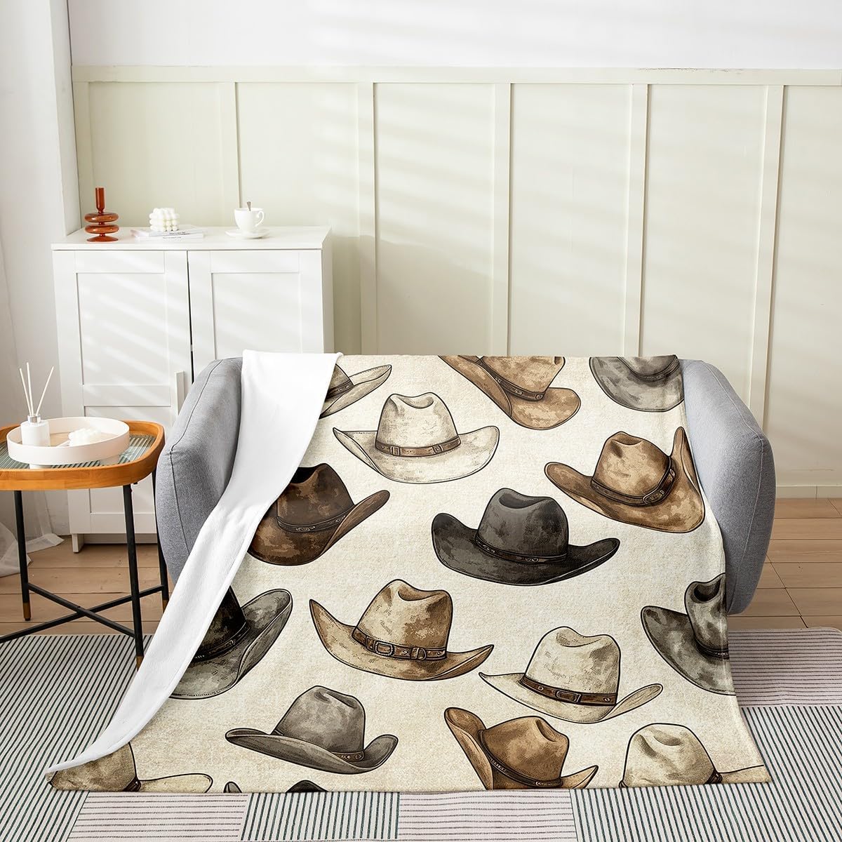 Western Ghost Fleece Blanket,Tribal Cowboy Hat Halloween Cute Ghost Bed Blanket for Kids Teens,Brown Cowhide Rustic Cow Fur Print Flannel Blanket for Room Decor,Queen 90"x90"