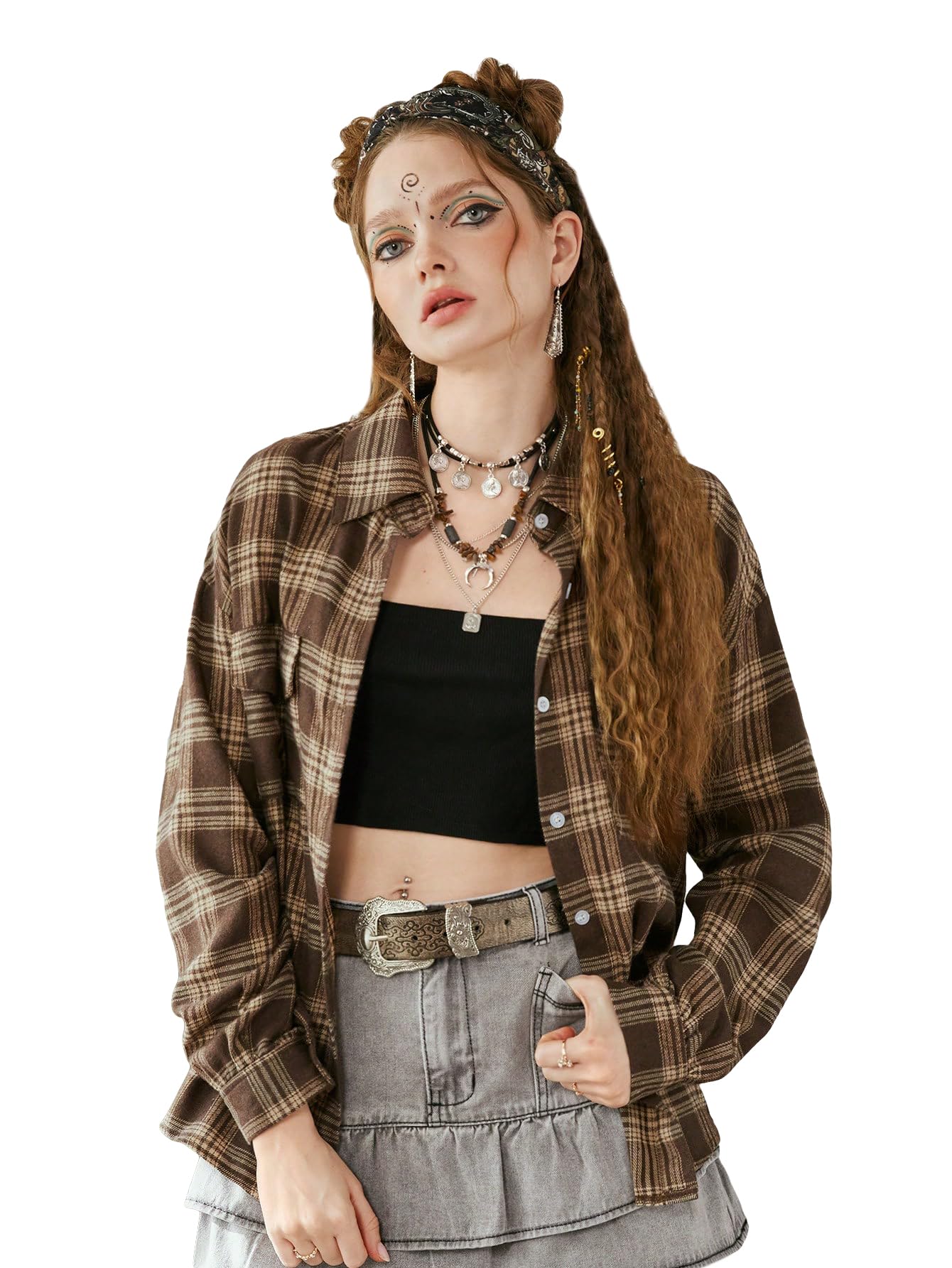 SweatyRocks Women's Long Sleeve Collar Long Button Down Plaid Shirt Blouse Tops