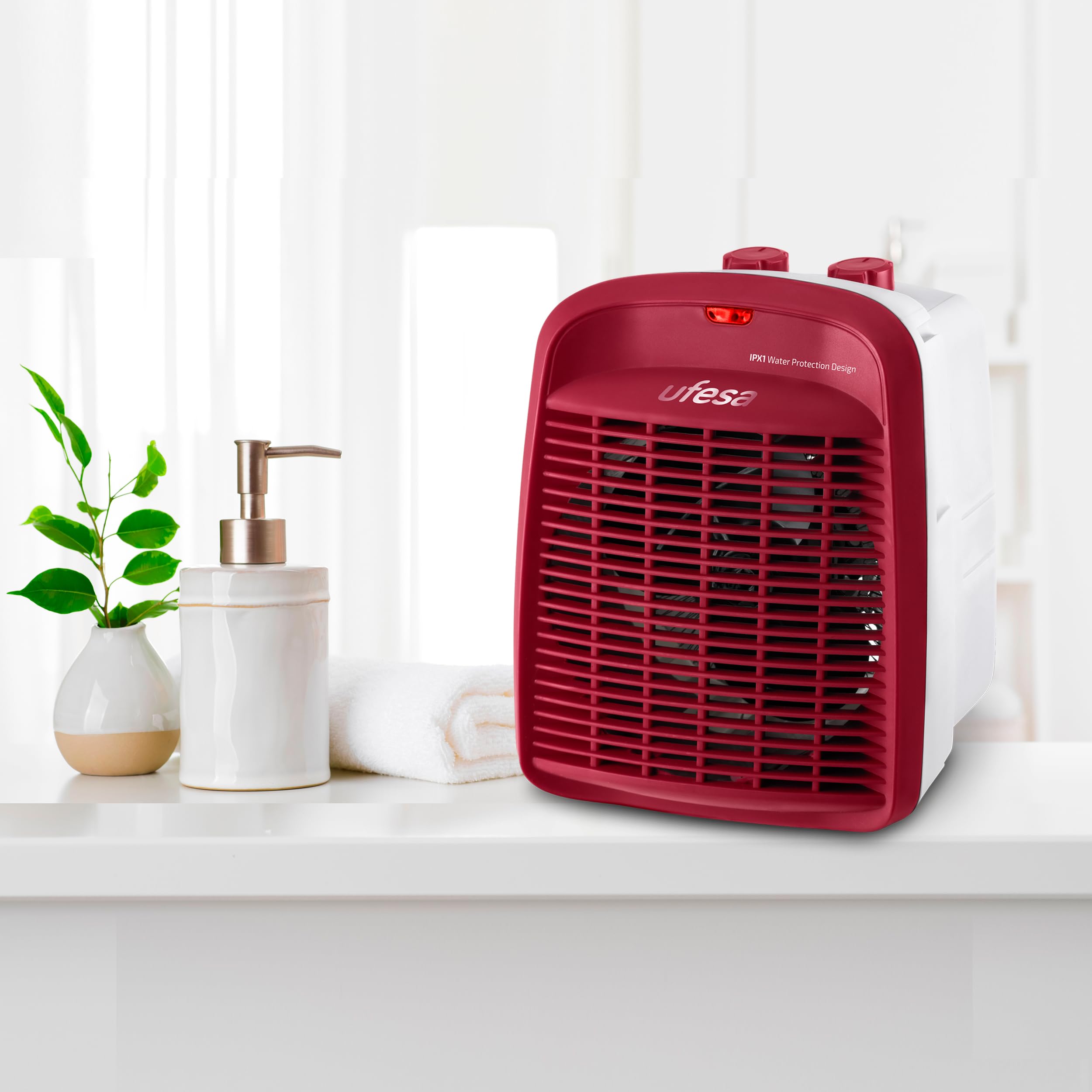 Ufesa Persei Chauffage Soufflant Compact, 3 Réglages de chaleur, 2000W, 2 Niveaux de Puissance, Fonction Ventilation, Thermostat réglabe, Rouge