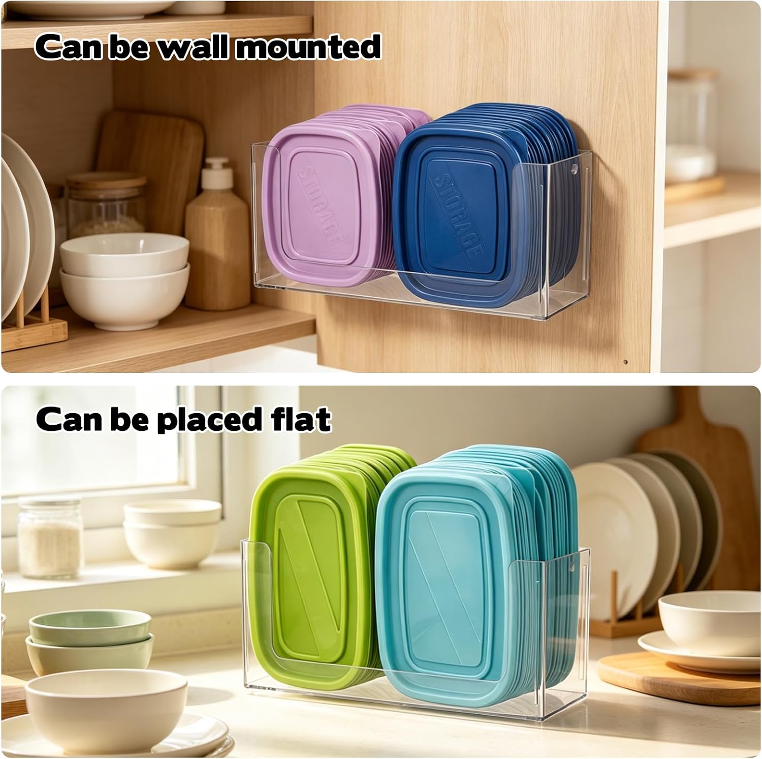 Rainmae 2 Pack Cabinet Door Organizer, Lid Organizer Inside Cabinet Wall Mounted Plastic Storage Box Stackable Under Sink Lunchbox Lid Container for Kitchen Bathroom Office Organization