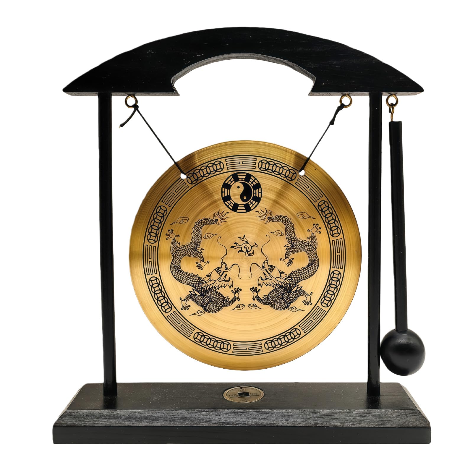 Décoration Zen Gong Tibétain Dragon Chinois en Laiton Instrument de Percussion Gong sur Socle Tai-ji Yin Yang Feng Shui pour Salon Méditation Relaxation Yoga Son Clair Cadeau à Caractère Chinois table