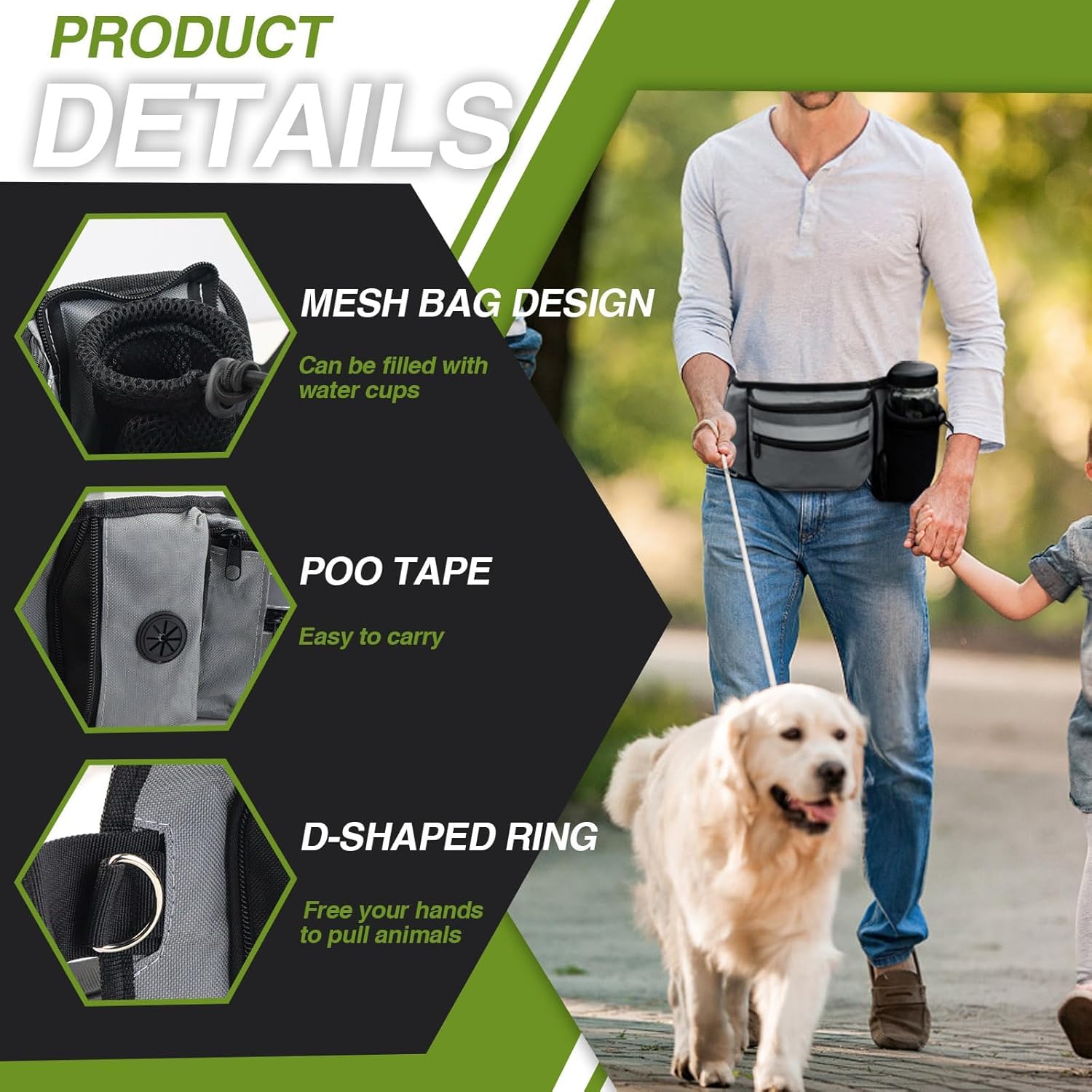 Bolsa para golosinas para Perros y Accesorios para Perros, Impermeable, riñonera con Soporte para Botellas, Correa Multifuncional, riñonera Ajustable para Senderismo, Paseos por Perros