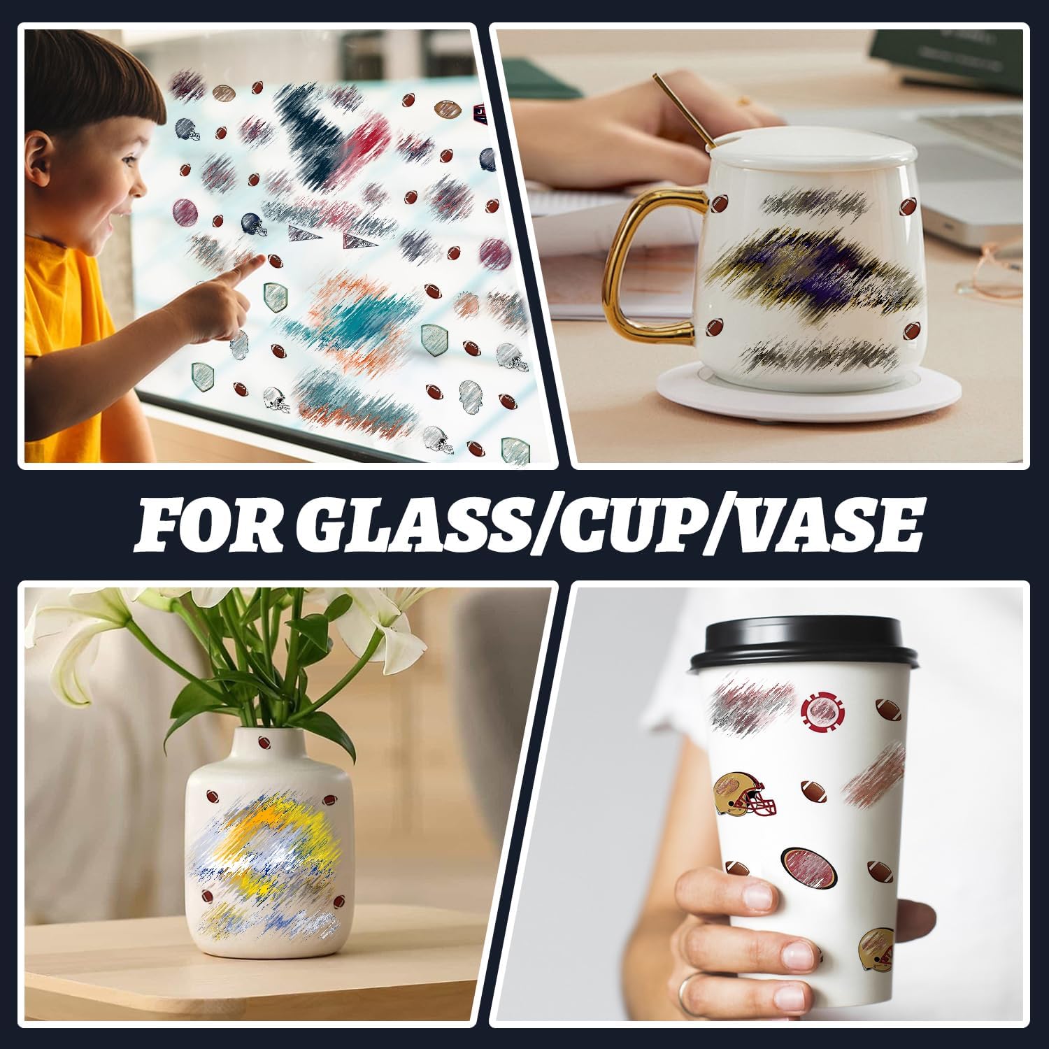 UV DTF Cup Wraps for 16 OZ,32 Sheets Rugby Football Gameday Waterproof UV DTF Tumbler Wrap for Glass Water Bottle,Football Team Rub on Transfer Stickers Vinyl Decals for DIY Coffee Cups Fridge Deco