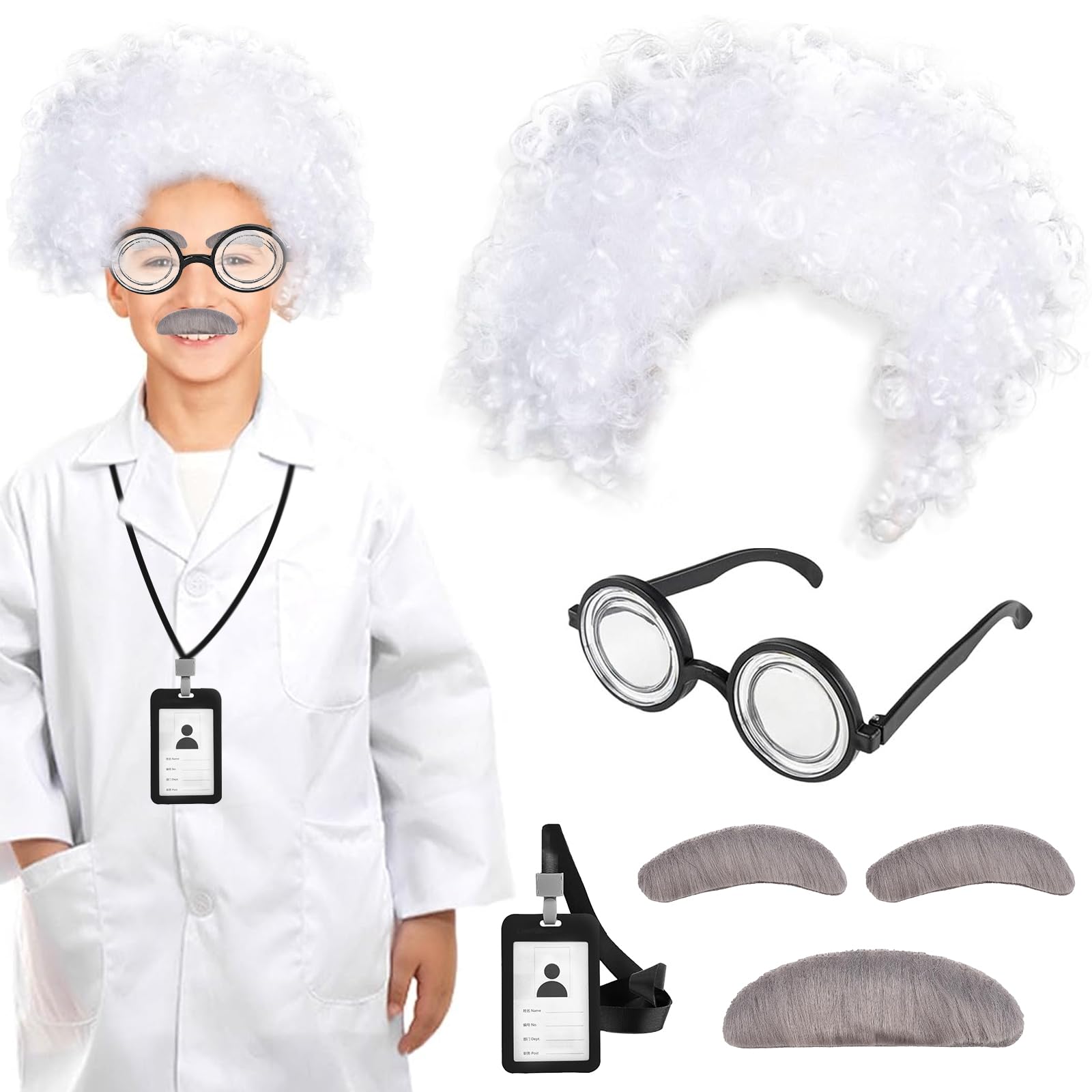 Katslyn 6PCS Mad Scientist Costume - Kids Scientist Set Includes 3 Beards, 1 Pair of Nerd Glasses, 1 Wig, 1 Black Work Id Card Holder, Doctor Role Play Set for Boys & Girls