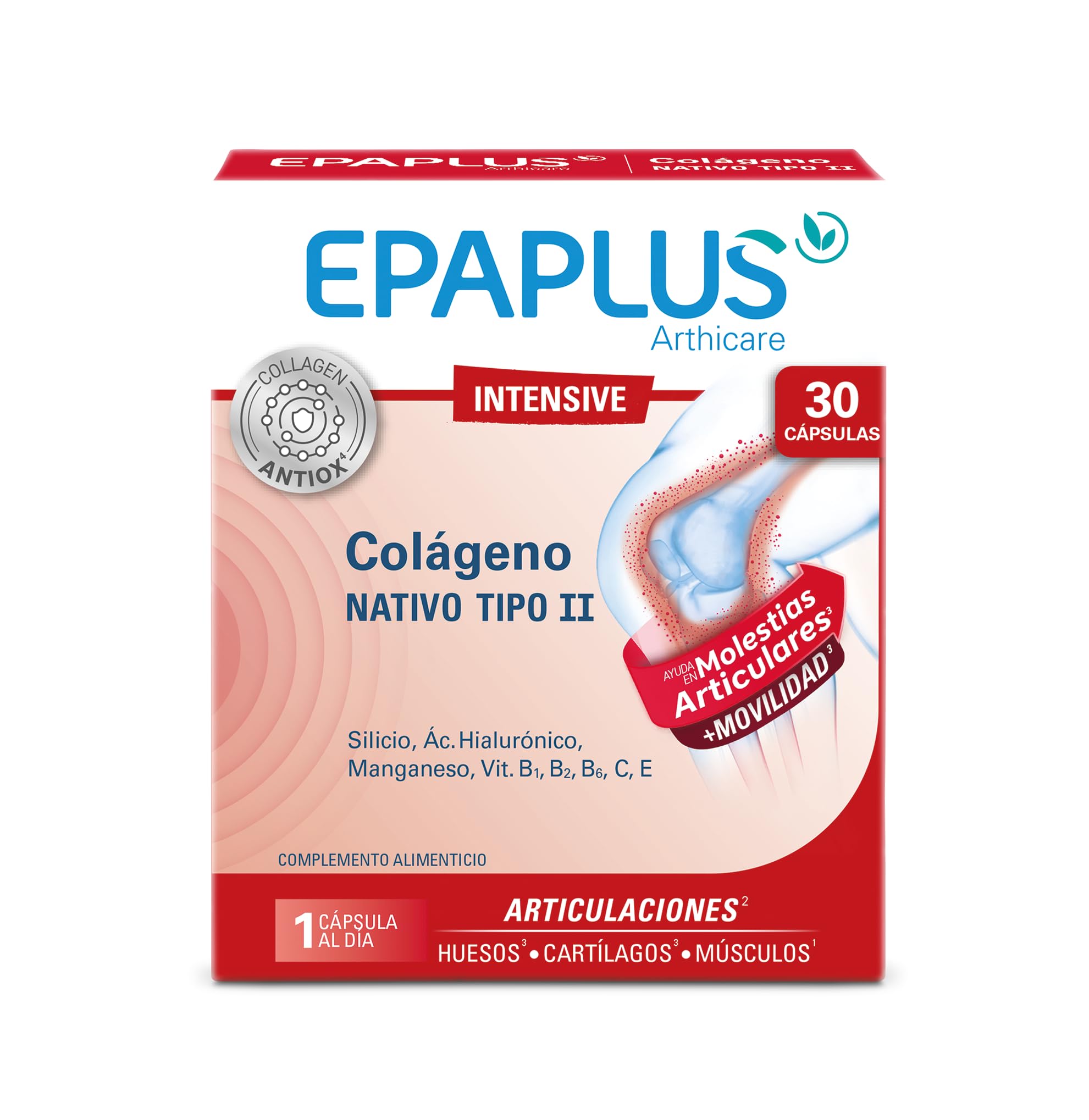 EPAPLUS Arthicare Colágeno Tipo II Nativo Intensive 30 Cápsulas – Con Ácido Hialurónico, Silicio, Manganeso, Cobre y Vitaminas C, E, B1, B2 y B6 – Complemento Alimenticio Articular