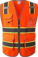 Vista 40 de JKSafety - Chaleco de seguridad azul con cremallera frontal de alta visibilidad, 9 bolsillos, azul con tiras reflectantes de doble tono, estándares