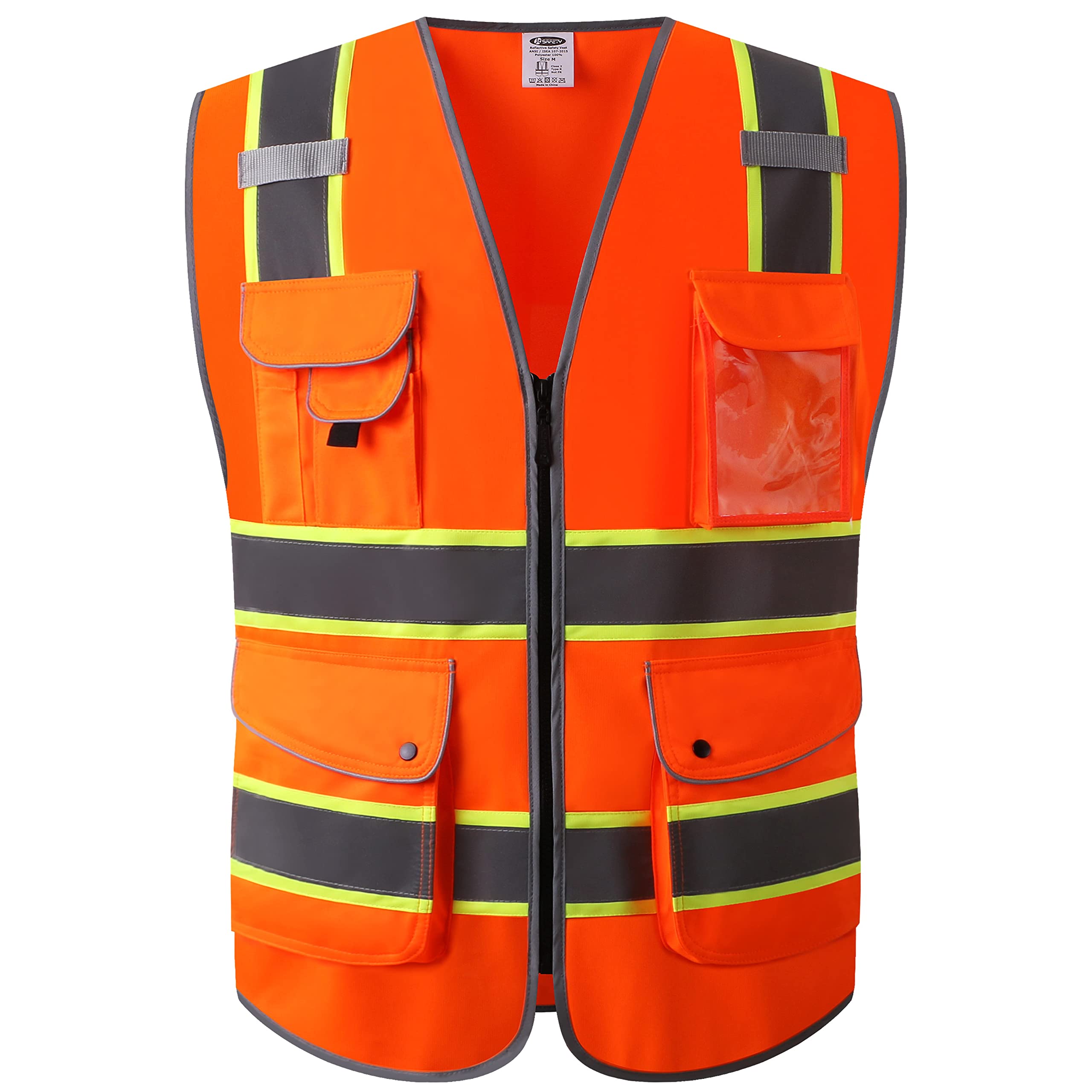 JKSafety 9 Pockets High Visibility Zipper Front Safety Vest