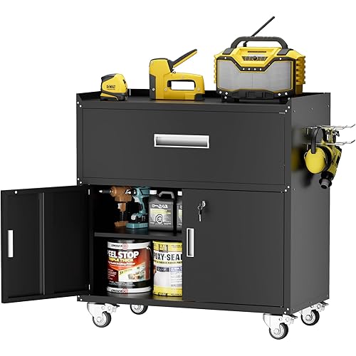 Metal Garage Storage Cabinet with Wheels, Lockable Rolling Tool Chest with Wheels, Tool Cabinet on Wheels, Metal Rolling Utility Cabinet for Home, Office, Garage and Workshop, Black