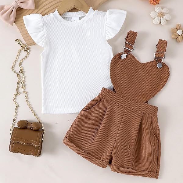 Ensemble Salopette pour Bébé Fille d'Été Haut Côtelé à Manche Courte à Volants et Salopette Short à Imprimé Fleurs/Cœurs Avec Poche Printemps Tenues - 2