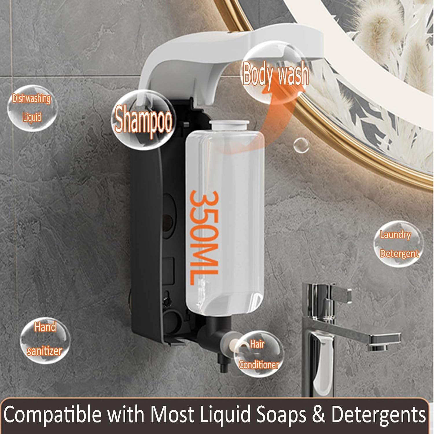 Suction Cup Soap Dispenser,Shampoo Shower Dispenser,No Drill Wall Mounted Liquid Container for Bathroom & Kitchen, Leak-Proof Pump with Strong Hold for Various Surfaces (Black, 2PK)