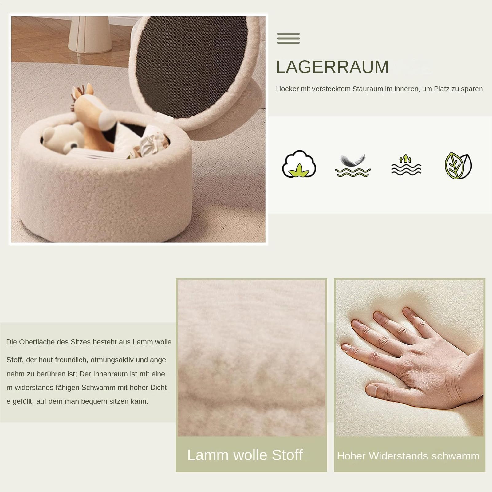 Pouf Per Poggiapiedi Ottomana Panca Rotonda in Peluche con Contenitore