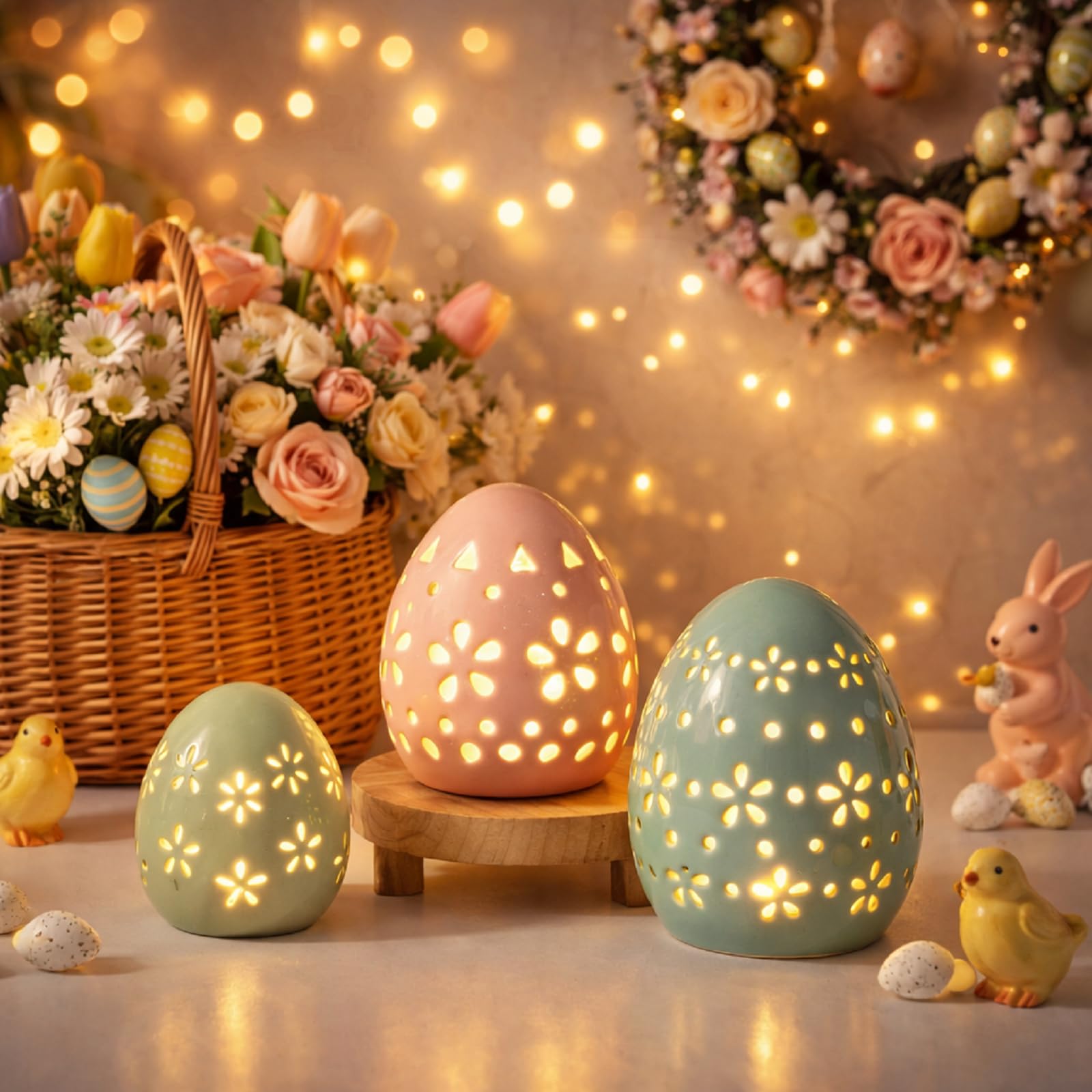 Decoración de Pascua de cerámica: juego de 3 huevos rústicos calados con iluminación de mesa