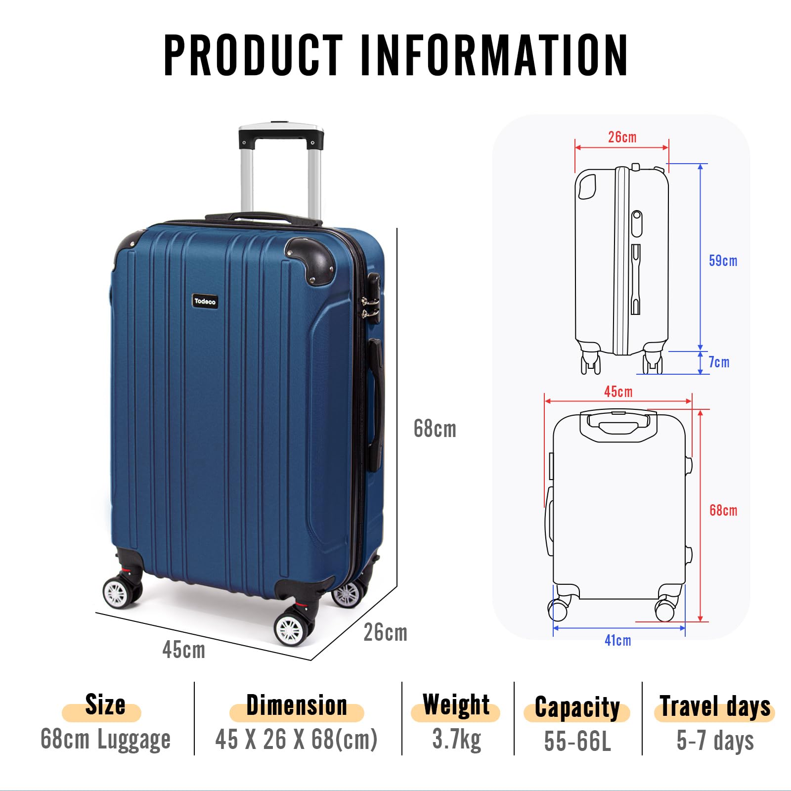 Todeco Valise Moyenne Taille 68cm, Valise de Voyage Rigide et Légère en ABS, Bagage à roulettes avec 4 Doubles Roues Pivotantes 360°, 68x45x26cm, 58-66L, Bleu foncé