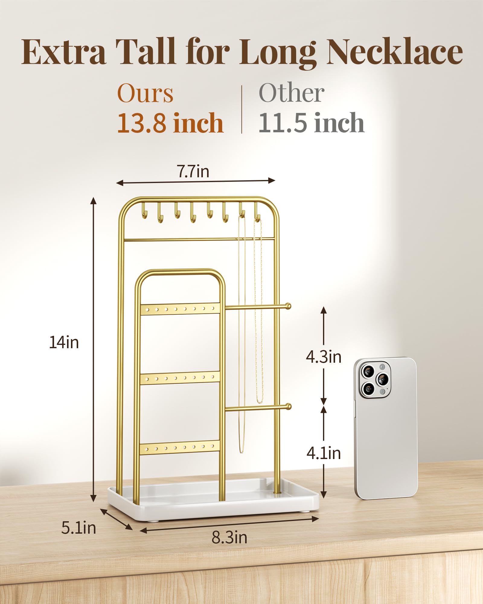 pickpiff Jewelry Holder Stand: Jewelry Display for Necklace, Bracelet, Earring, Ring, White & Gold