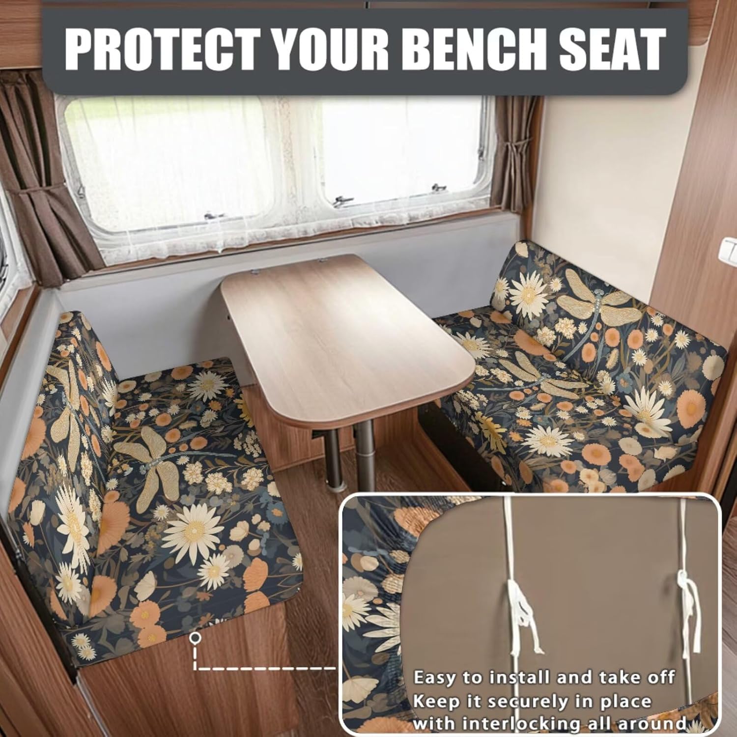 Vintage Floral Dragonfly Print 6 Pcs RV Dinette Cushion Covers Replacement RV Dinette Booth Seats Cover Sofa Chair Cover Pillowcase Furniture Protector for RV Camper Car Bench