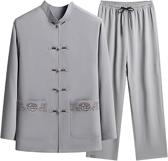 Mens Ice Silk Tang Suit Set, Spring and Autumn Middle-Aged and Elderly Casual Chinese Style Daddy Suit