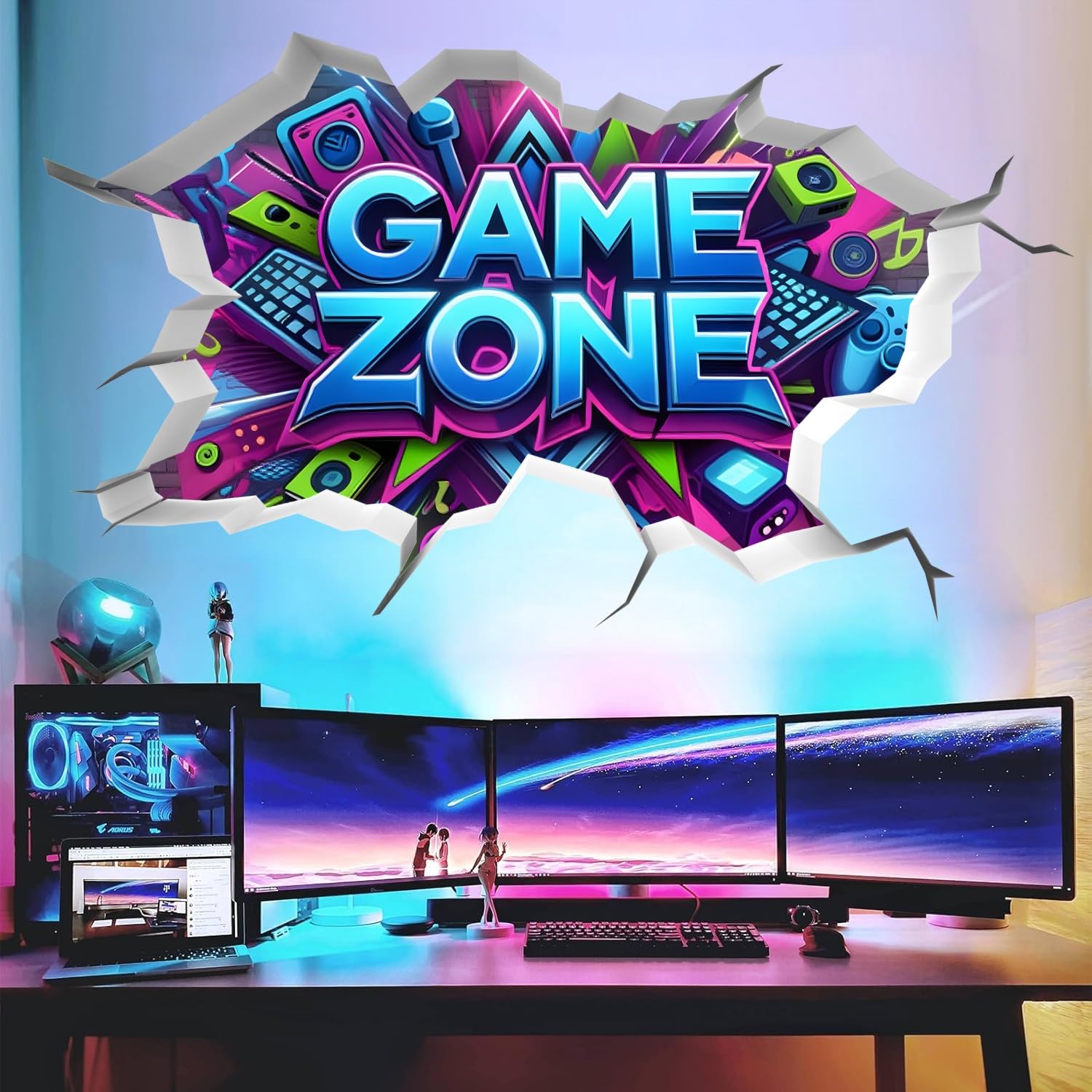 TOARTi Blue Gamer Zone Wall Stickers Gaming Vinyl Wall Decal 3D Gamer Bedroom Accessories,Gaming Vinyl Wall Decal,Gaming Wall Stickers,Video Game Removable Wall Art playroom Decor for Teens