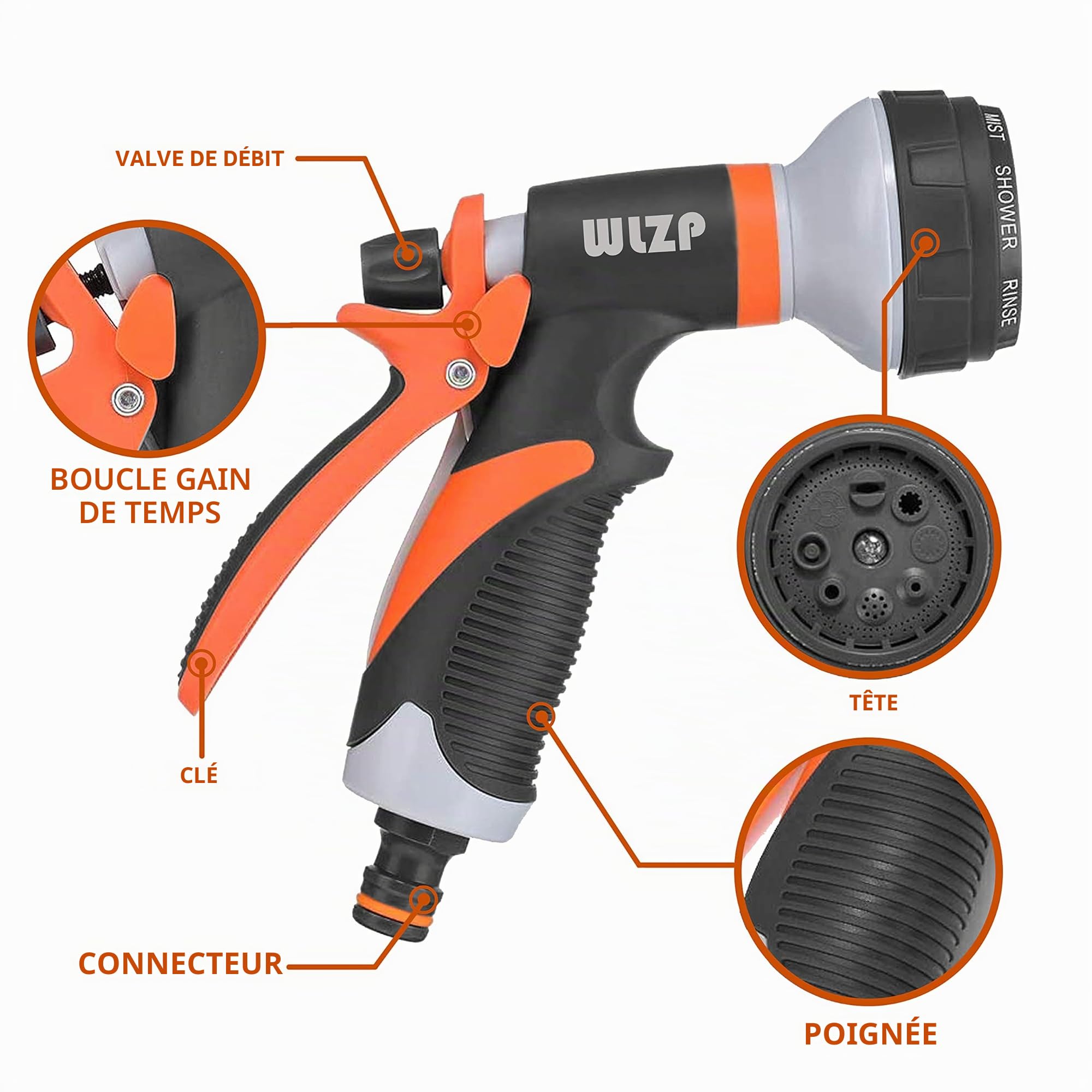 2 Pack Pistolet d'arrosage, Pistolet Arrosoir avec 8 Modes d'Arrosage - Pulvérisateur à Main Haute Pression pour l'Arrosage De La Pelouse, Lavage De Voiture, Bain pour Animaux De Compagnie (Orange)