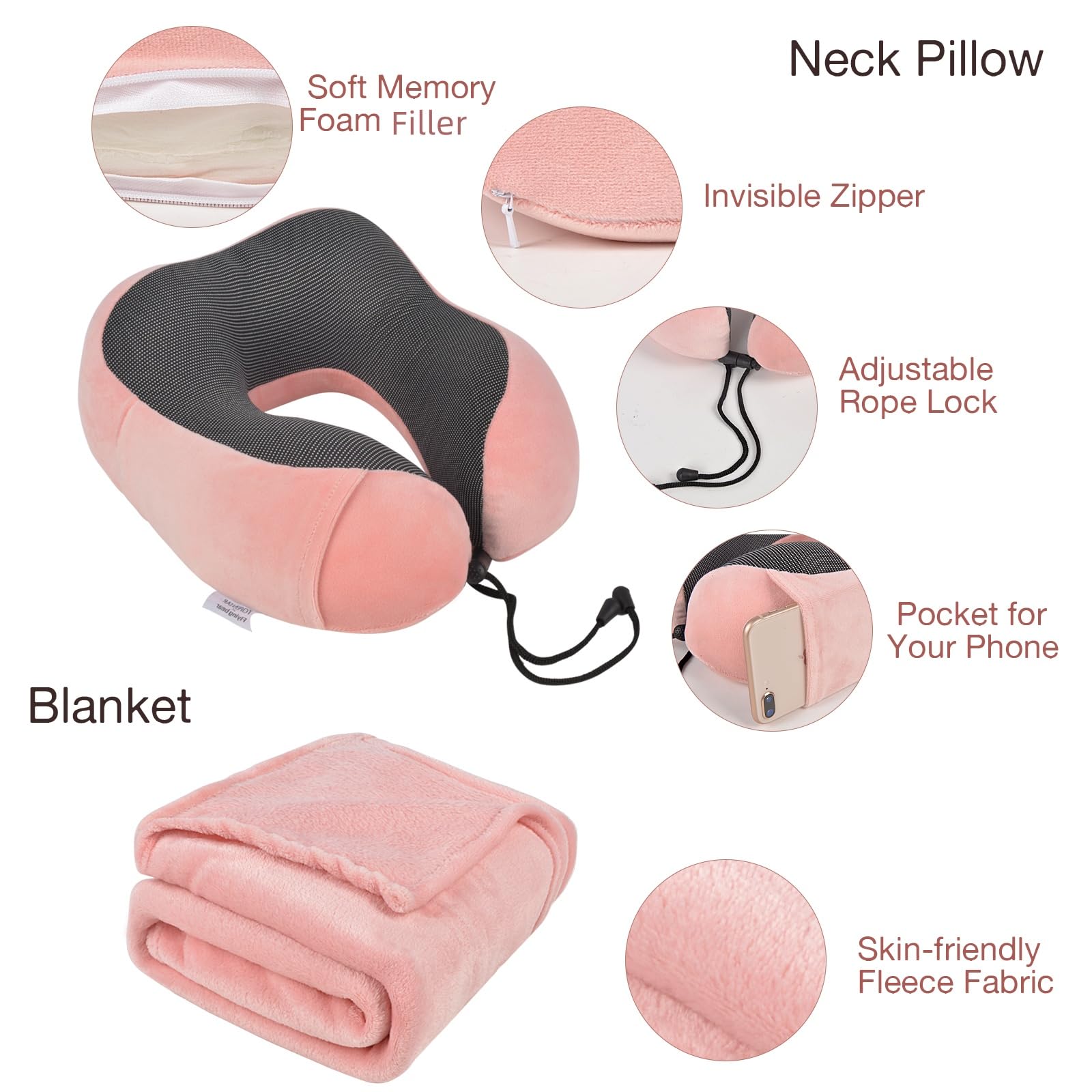 Juego de almohada y manta de viaje y reposapiés, almohada de espuma viscoelástica para el cuello, manta de avión y hamaca de pie de avión y bolsa de lona plegable, máscara de ojos y tapones para los 4