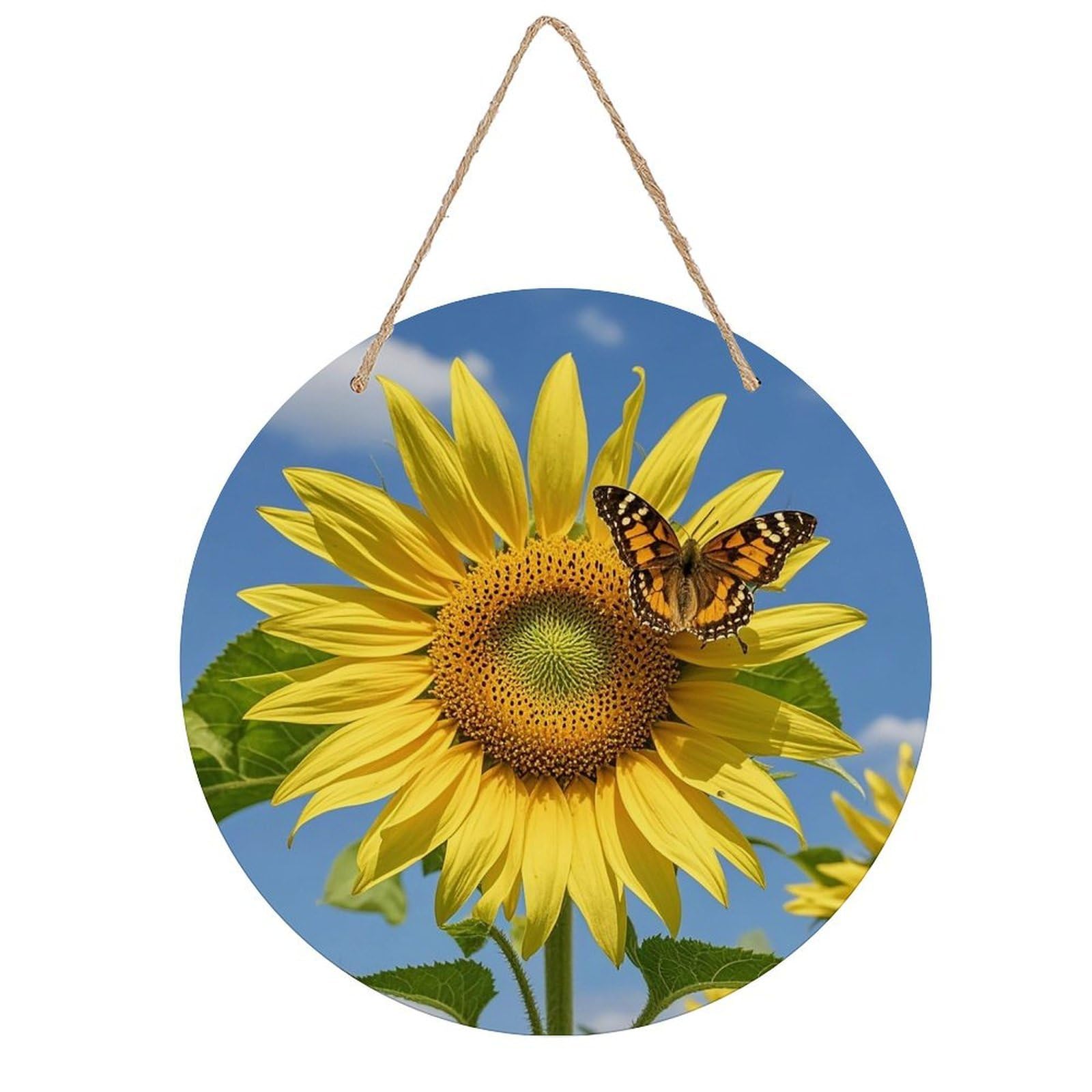 LZQPOEAS Sunflower And Butterfly Wall Art Decor Round Wood Hanging Sign Rustic Vintage Wooden Door Hanger with Ropes Decorative Plaque Welcome Sign for Home Indoor Outdoor, 7.9x7.9 in