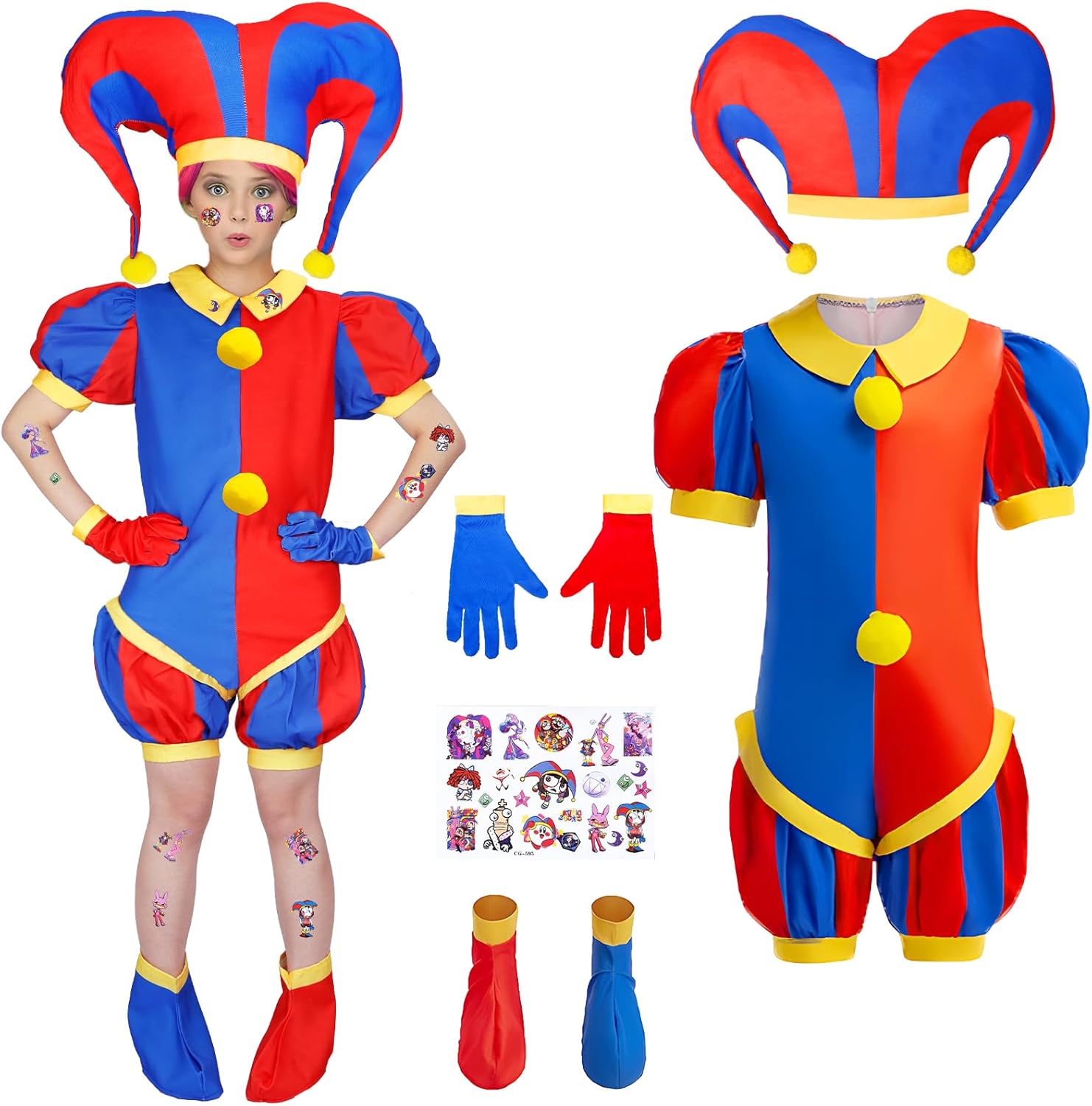 Circus Costume for Kids, Halloween Costume Clown Jumpsuit Dress Up Party Outfit Cosplay with Hat, Gloves, Shoe Covers