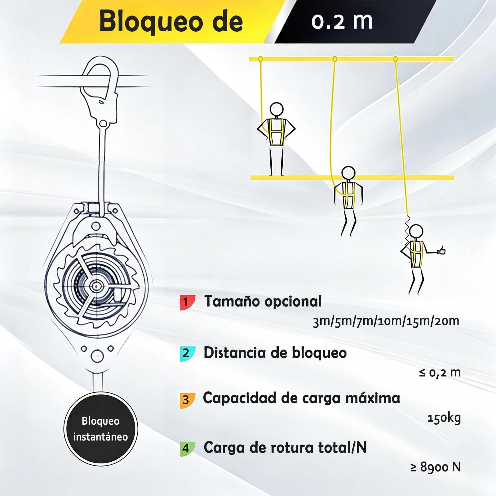 Dispositivo Anticaidas Retráctil 3-20m, Arnes Linea de Vida Retractil Tejado con Función de Bloqueo Automático, 150kg Arnes de Seguridad Anticaidas para Trabajos en Altura(Amarillo,10m)