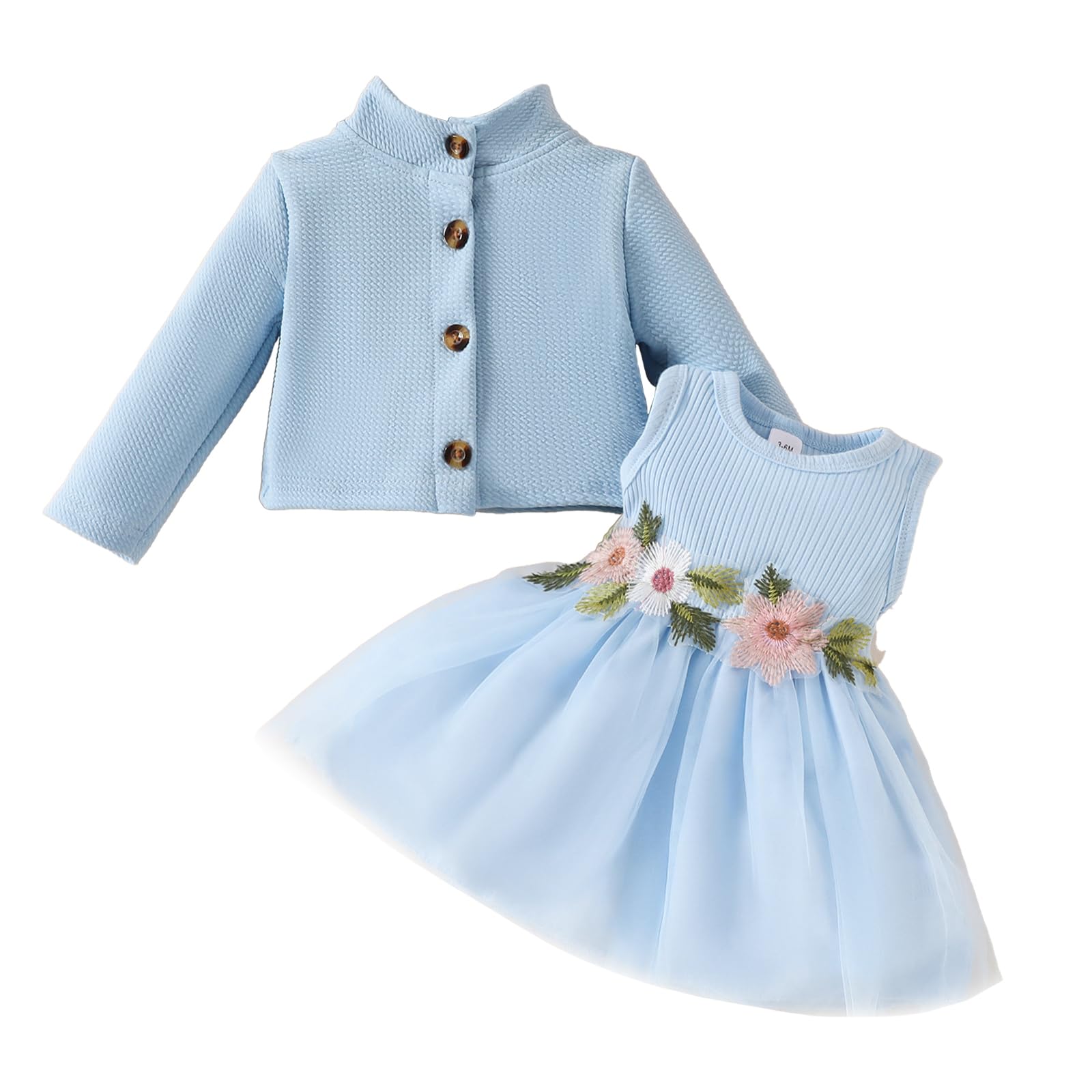 DivingBirds Baby Mädchen Kleid und Strickjacke 2pcs Set Floral Print Schmetterling Tüll Kleider Kleinkind Langarm Waffel Mantel Kleidung für Mädchen 3 Monate-3 Jahre