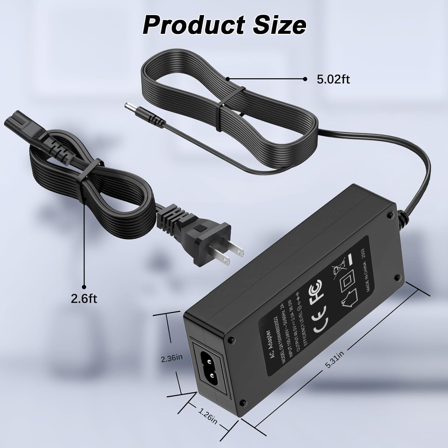 Detailed product features including plug type, stable output, and round jack