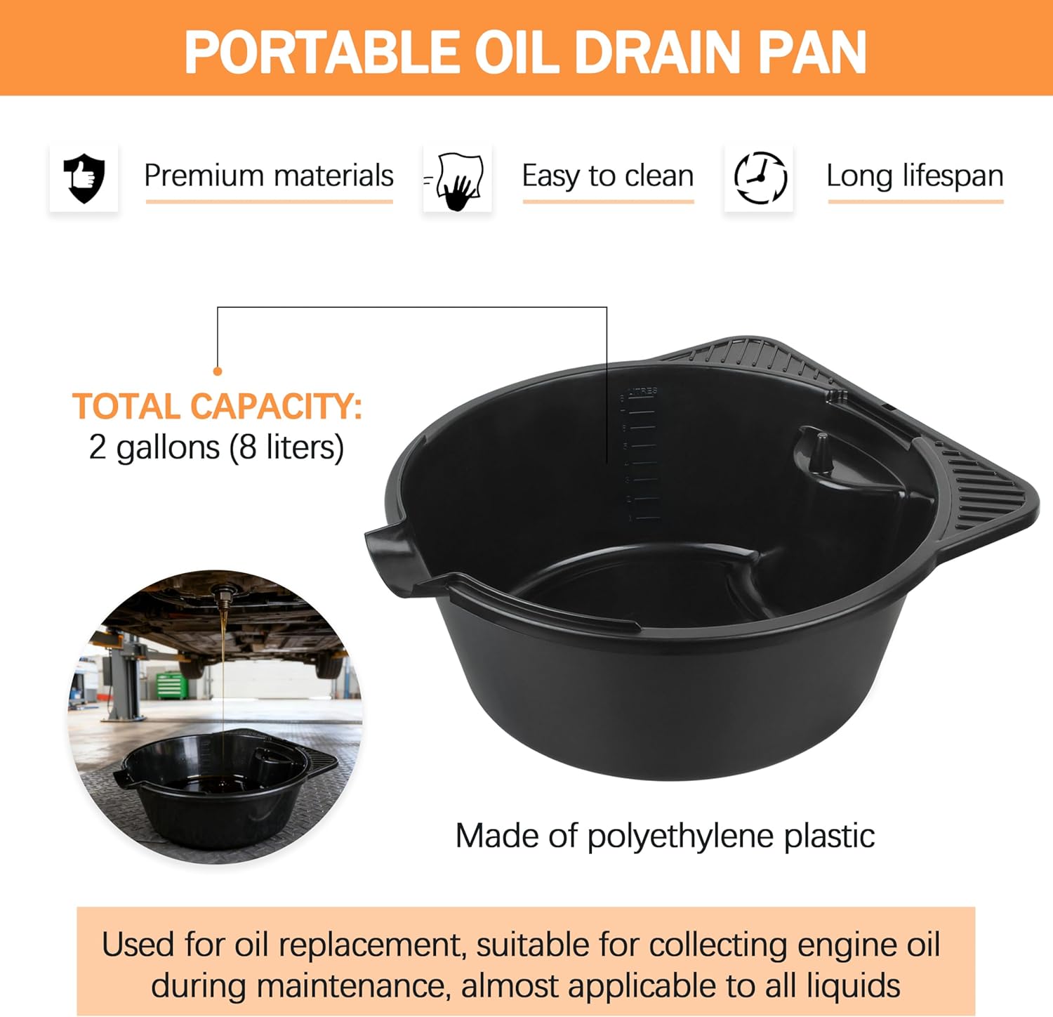 2 Pcs 2 Gallon (8L) Heavy Duty Oil Drain Pan, Portable Lube Drain Pan for Oil Changing - Fits Cars, Lawn Mowers, ATVs, Outdoor/Garage Use
