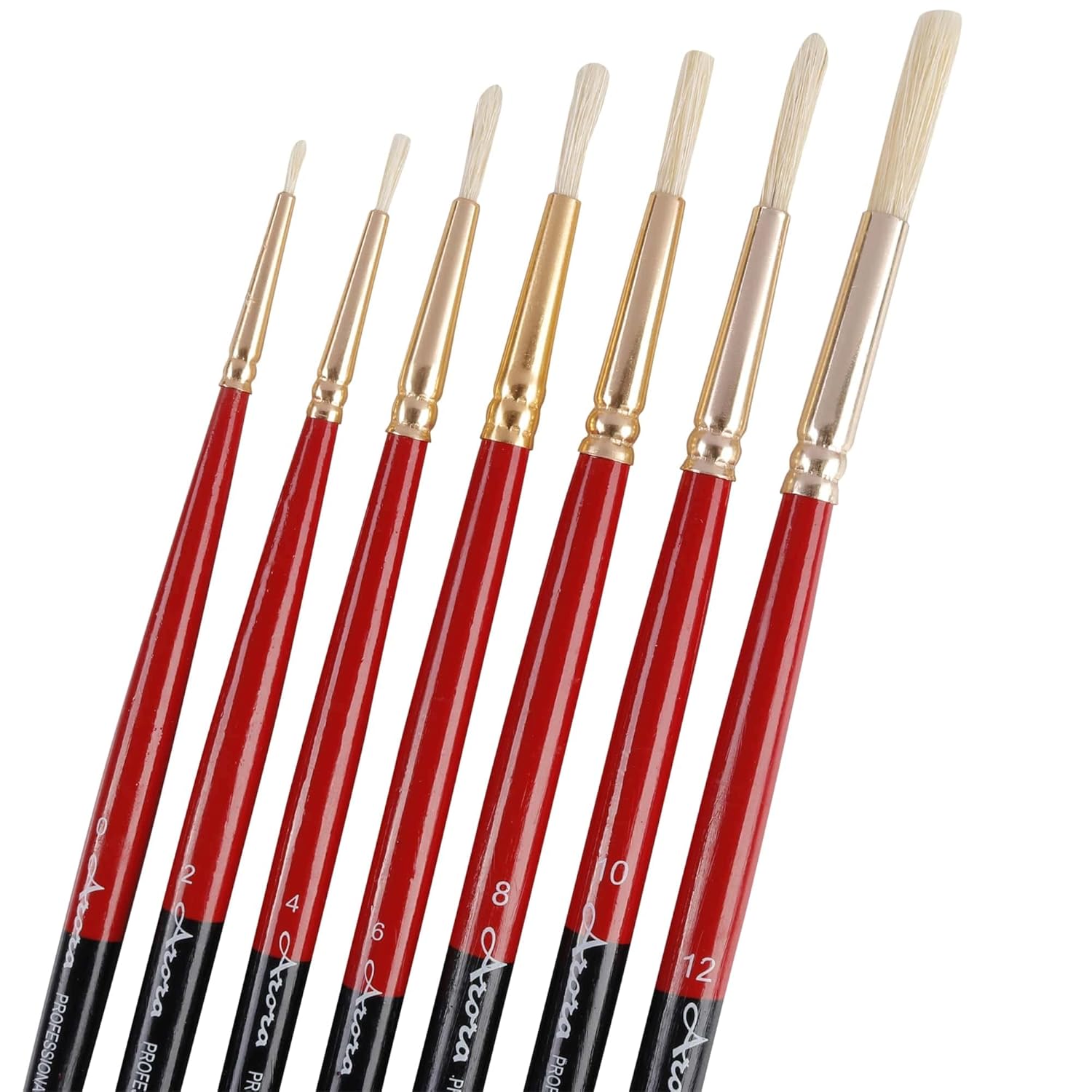 Arora Natural Hog Hair Round Paintbrush Brush Set of 7 Piece for Oil