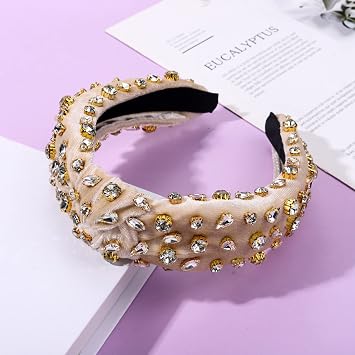 Rhinestone Knotted Headband for Women Sparkly Crystal Embellished Hairbands Twist Turban Headband Elastic Wide Velvet Hair Hoop Party Wedding Headwear for Girls (Off-white)