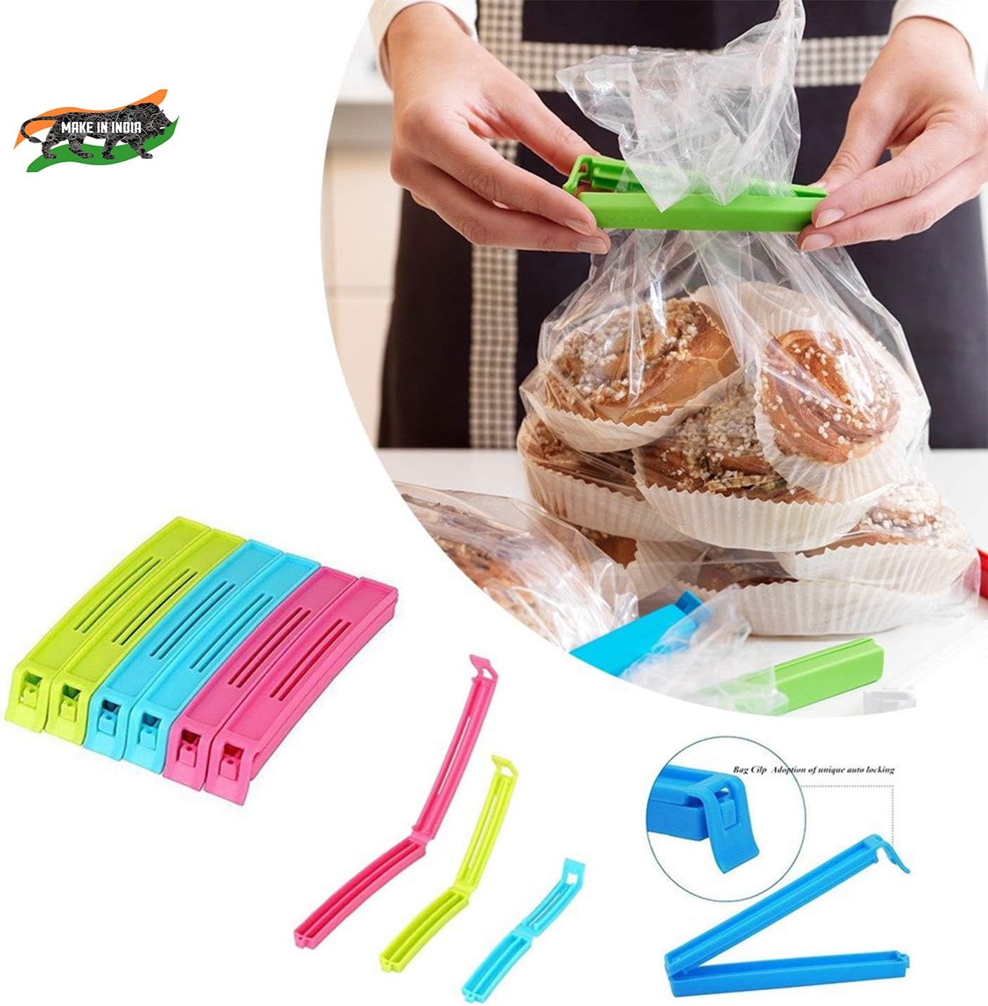 VR 18 Pcs - 3 Different Size Plastic Food Snack Bag Pouch Clip Sealer Large, Medium, Small Plastic Snack Seal Sealing Bag Clips Vacuum Sealer (Set of 18, Multi-Color) (Multicolor)