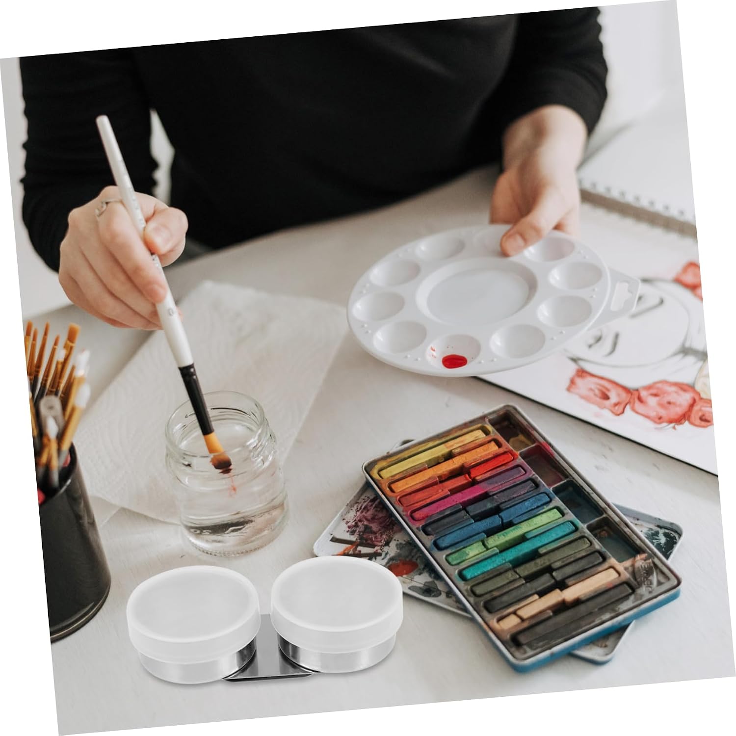 VILLFUL Stainless Steel Brush Pen Cleaning Pot Durable Oil Painting Accessory for Artists Portable Design with Dual for Easy Cleaning and Color Mixing