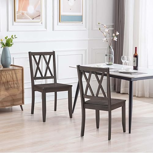 Miniatura 5 de Duhome - Juego de 2 sillas de comedor, de madera de goma con respaldo cruzado, sillas laterales de mesa naturales para cocina en casa, base gris