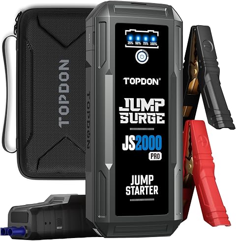 TOPDON JS2000Pro Booster Avviamento Auto, 2500A 16000mAh Avviatore Batteria | per Motori Fino a 8L Gas o 6L Diesel,12V Jump Starter con Torcia a LED/Porta USB/protettiva EVA, Avviatore Emergenza per Auto